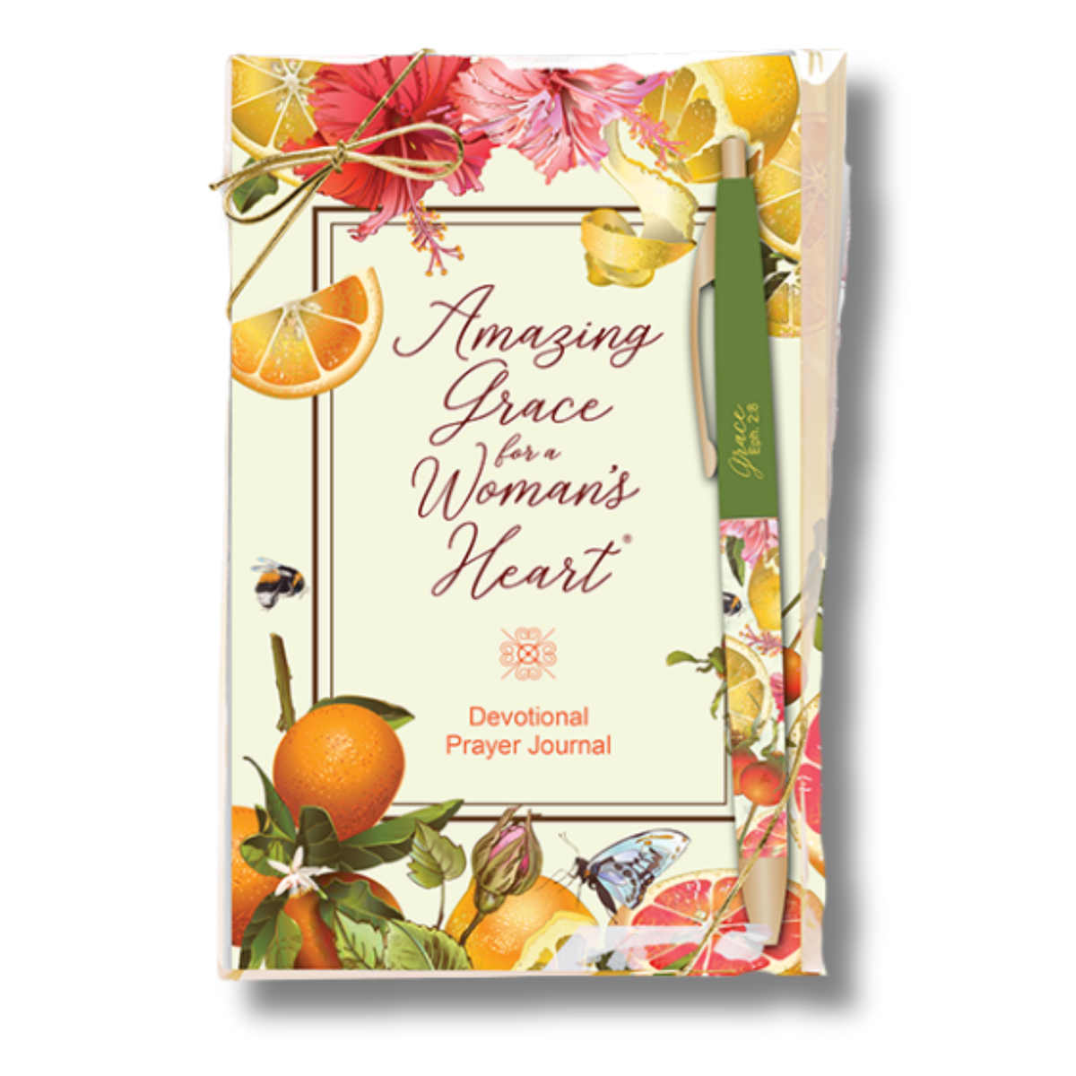 A devotional prayer journal titled 'Amazing Grace for Woman's Heart' with a green pen tucked into the cover, decorated with illustrations of citrus fruits, pink flowers, and butterflies on a white background by CTA Christ to All & CTA Gifts.