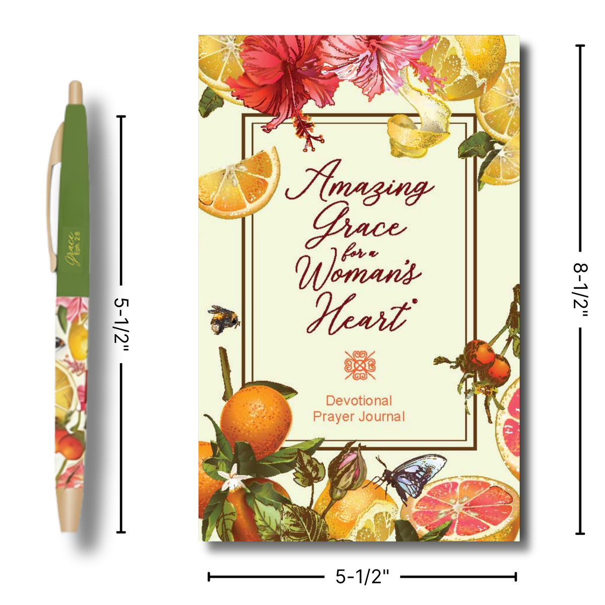 A devotional prayer journal with a floral fruit illustration, shown alongside a matching pen on a white background. Black dimension lines and text indicate the journal is 5-1/2 inches by 8-1/2 inches, and the pen is 5-1/2 inches by 1-1/2 inches by CTA Christ to All & CTA Gifts.