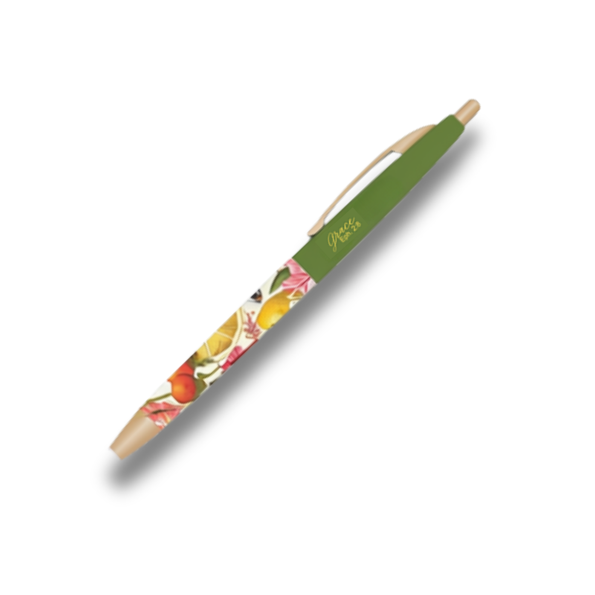 A personalized ballpoint pen with a green grip, a colorful tropical fruit pattern, and a wooden clip, shown on a white background with a soft drop shadow by CTA Christ to All & CTA Gifts.