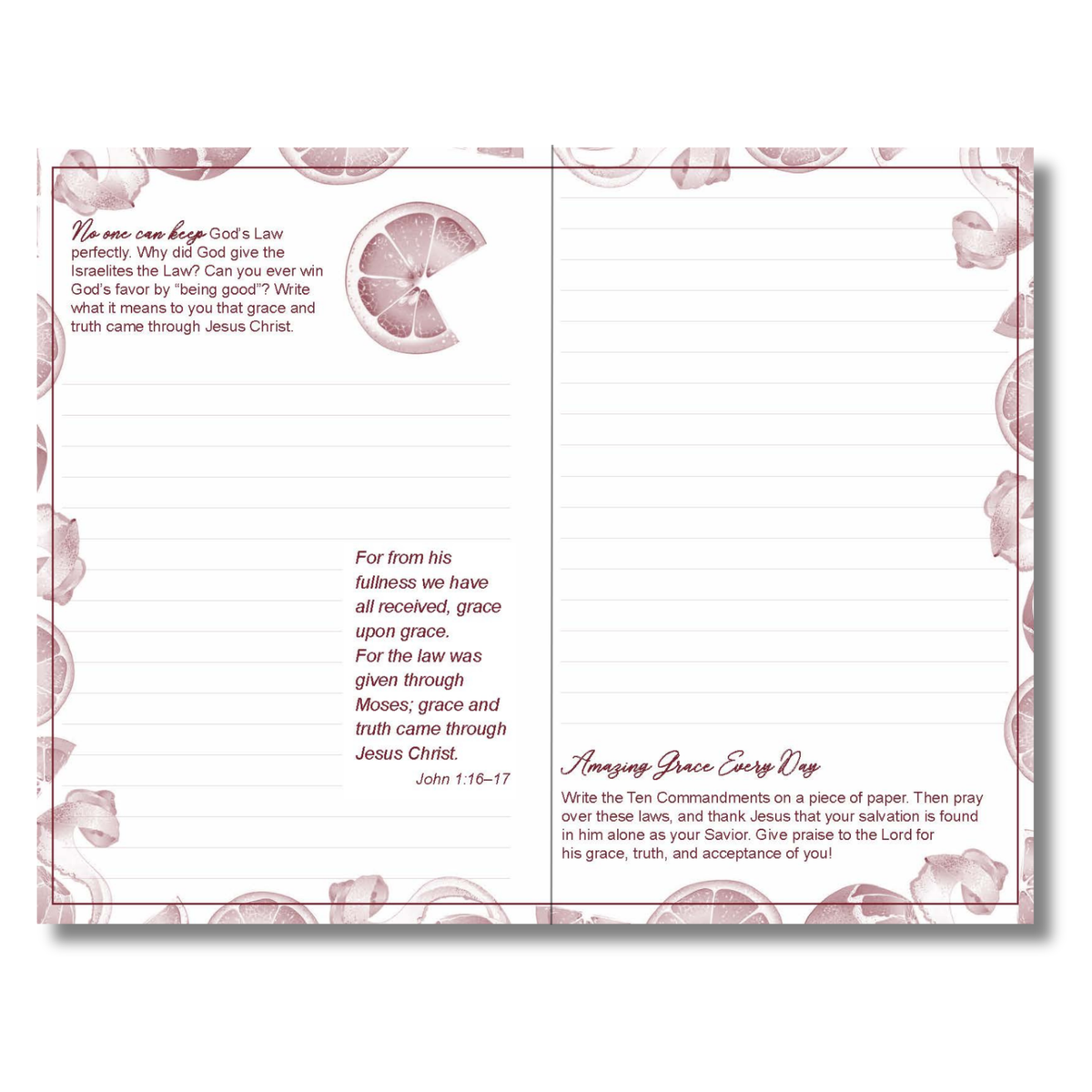 A two-page prayer card set with a pink and white floral border, featuring the 'Amazing Grace Every Day' prayer and a 'No Sin can keep God's Law' reflection on lined white paper by CTA Christ to All & CTA Gifts.