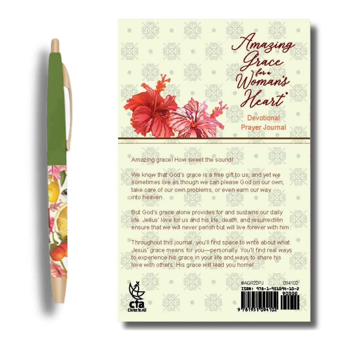 A devotional prayer journal shown from both the front and back. The front cover features a green pen with a floral pattern, and the back cover is cream with a floral illustration and text reading 'Amazing Grace for Woman's Heart' and 'Devotional Prayer Journal by CTA Christ to All & CTA Gifts.