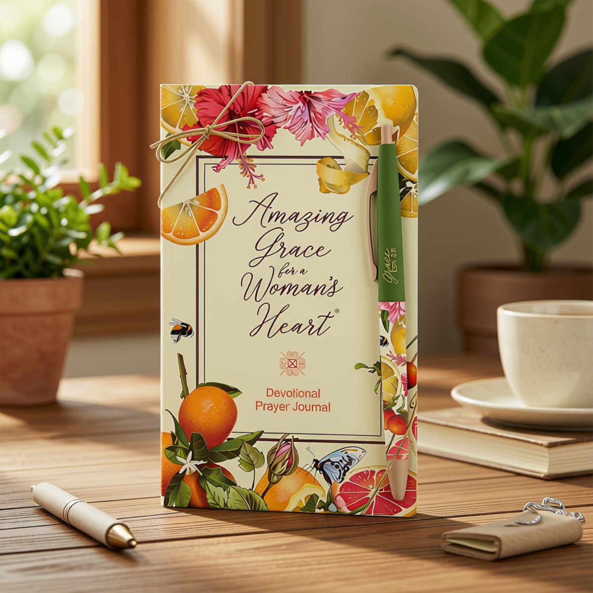 A floral devotional prayer journal titled 'Amazing Grace for a Woman's Heart' stands upright on a wooden table, surrounded by a pen, books, a cup, and potted plants in a warm indoor setting by CTA Christ to All & CTA Gifts.