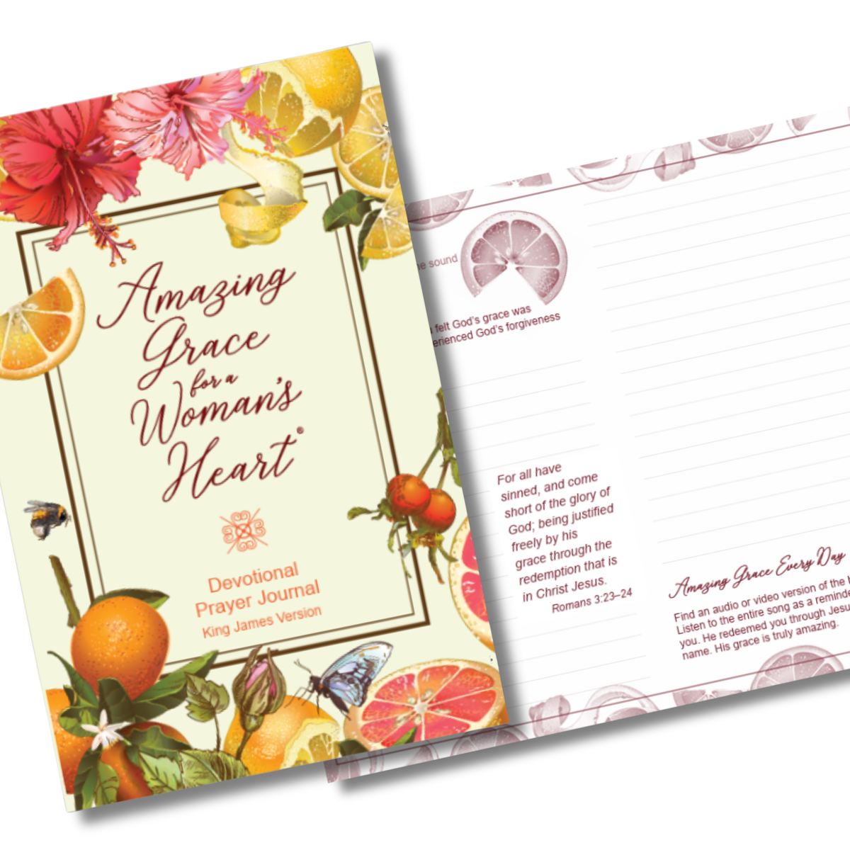 Amazing Grace for a Woman’s Heart devotional prayer journal shown open to reveal guided journaling pages. Features colorful hibiscus flowers, citrus fruit, botanical illustrations, butterflies, and inspirational Christian content designed for prayer, reflection, and spiritual growth by CTA Christ to All and CTA Publishing.
