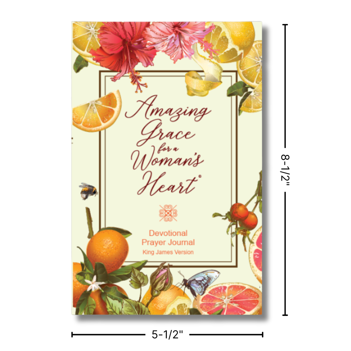 A devotional prayer journal titled 'Amazing Grace for a Woman's Heart' with illustrated citrus slices, flowers, and small insects around the border. The journal is shown with dimension lines indicating 5-1/2 inches wide and 8-1/2 inches tall on a white background by CTA Christ to All and CTA Publishing.