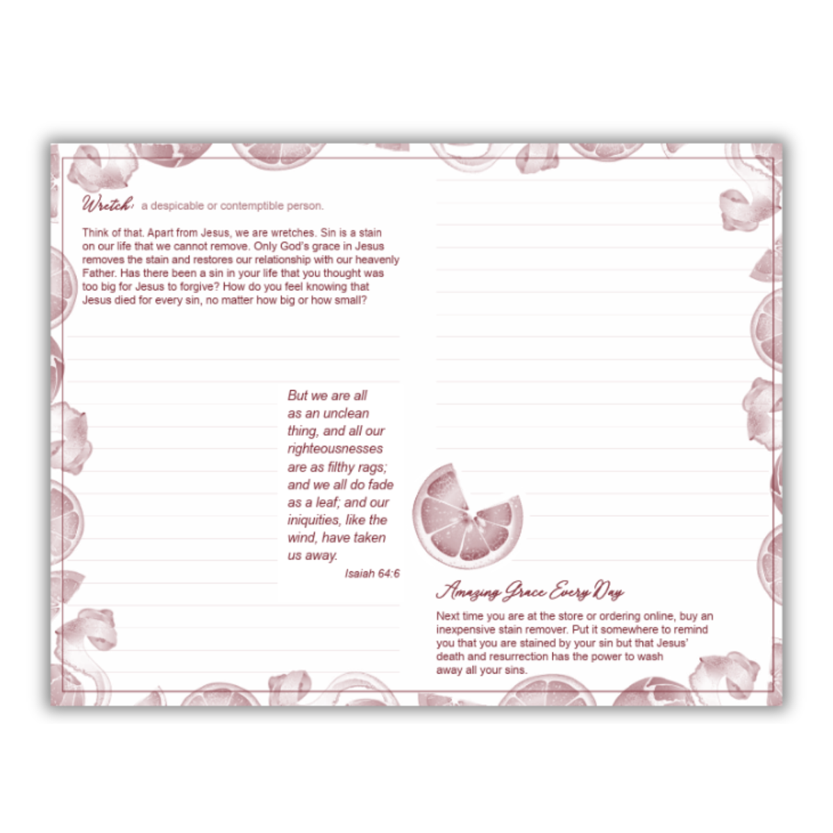 A rectangular printed book spread with a pale pink floral border and a white center, featuring inspirational text, a Bible verse, and a circular floral illustration. The card is photographed on a light gray background by CTA Christ to All and CTA Publishing.