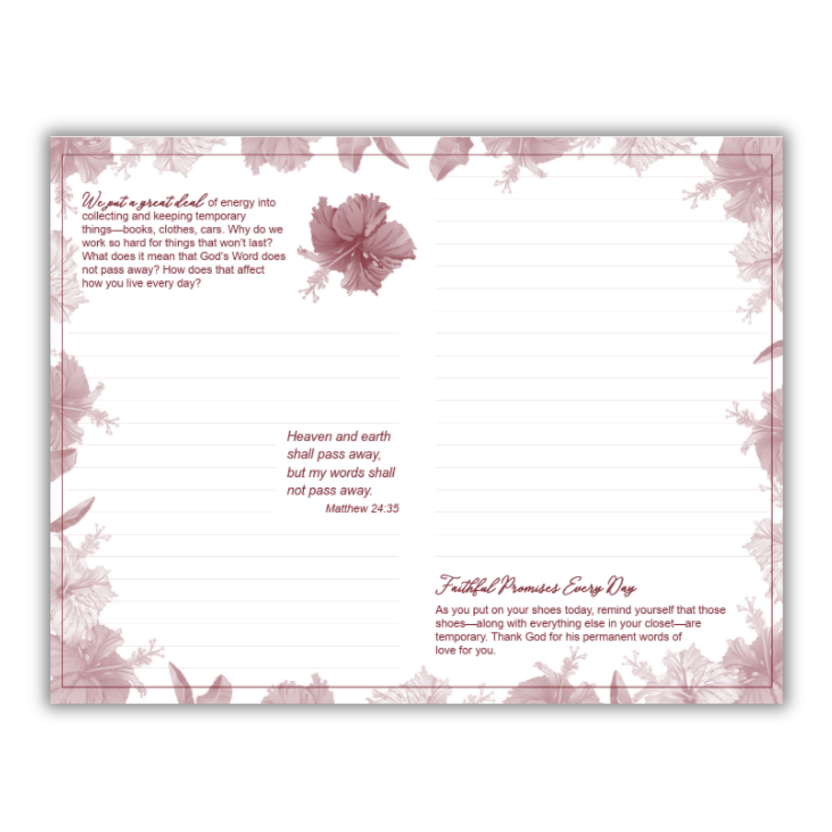 A floral-themed daily affirmation card with a dusty rose and pink border, featuring printed inspirational quotes on the left side and lined writing space on the right by CTA Christ to All and CTA Publishing.