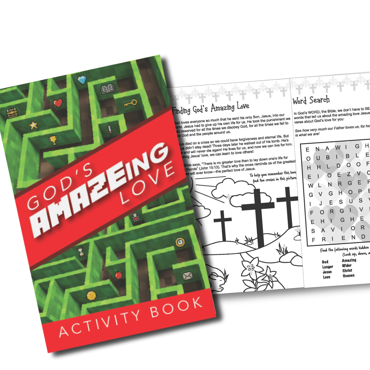 Activity book titled 'God's Amazeing Love' with maze design on cover and coloring page inside by CTA Christ to All & CTAKids.