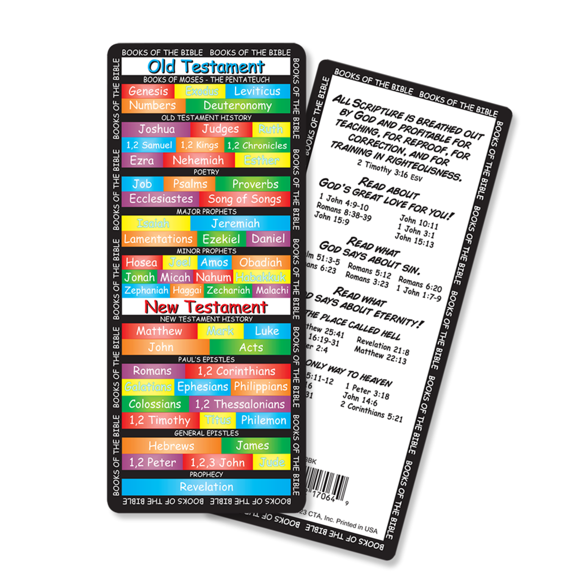 Two Bible verse reference cards shown on a white background. One card displays a colorful chronological timeline of the Old Testament, and the other shows a white page with black text containing scripture reading instructions by CTA Christ to All & CTA Publishing.