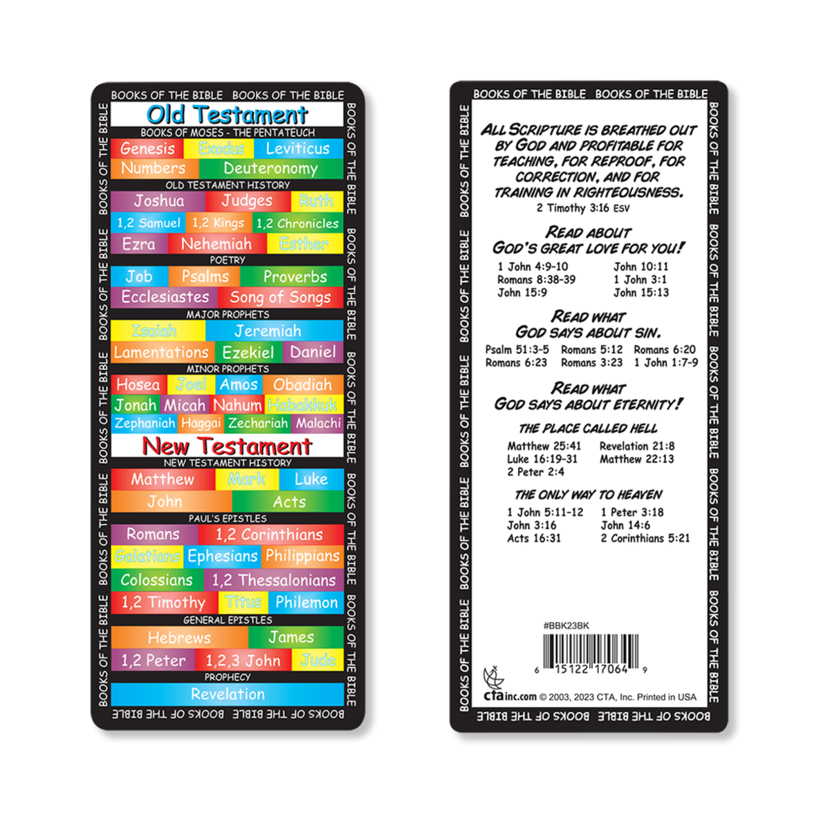 Front and back views of a 'The Bible in 30 Seconds' educational book set, featuring colorful timeline bars and text blocks on a white background by CTA Christ to All & CTA Publishing.