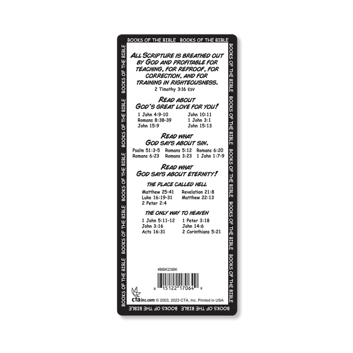 A black rectangular Bible study guide card with white text, featuring a list of scripture readings and a barcode at the bottom, shown against a plain white background by CTA Christ to All and CTA Publishing.
