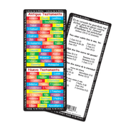 A set of two Spanish-language Bible study flashcards, showing the front with colorful chapter headers (Antiguo Testamento and Nuevo Testamento) and the back with verses and study questions, on a plain white background by CTA Christ to All and CTA Publishing.