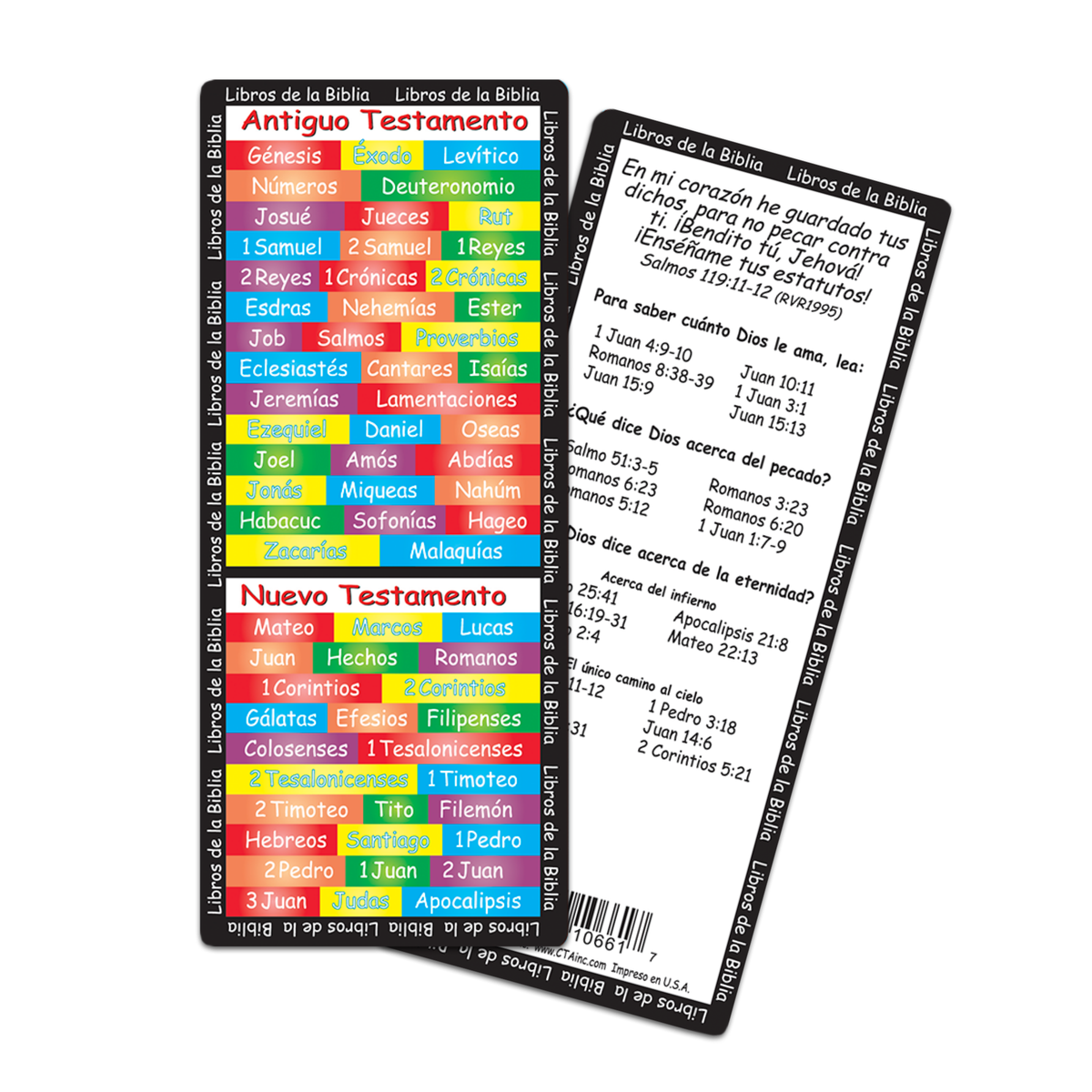 A set of two Spanish-language Bible study flashcards, showing the front with colorful chapter headers (Antiguo Testamento and Nuevo Testamento) and the back with verses and study questions, on a plain white background by CTA Christ to All & CTA Publishing.