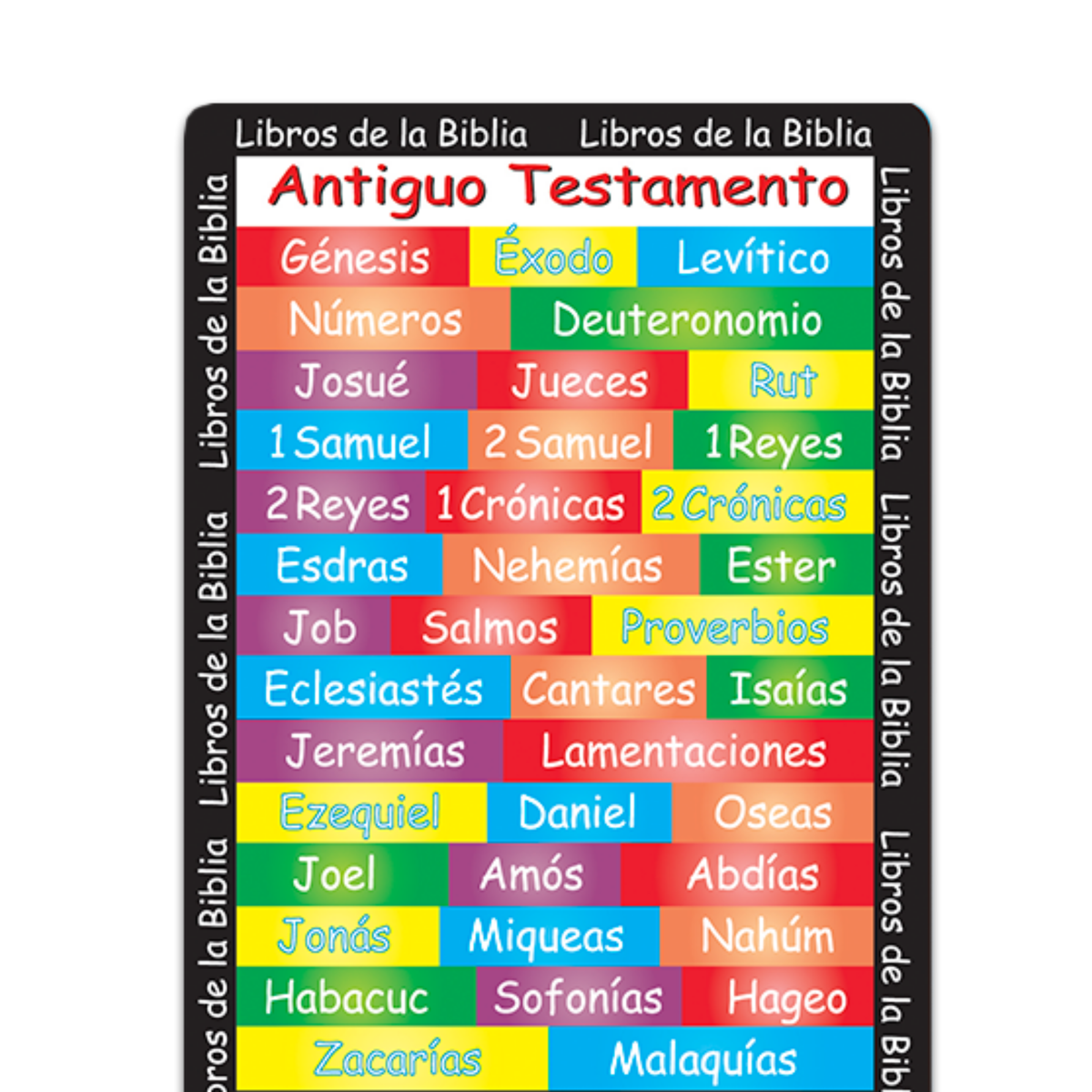 A colorful Bible verse flashcard chart titled 'Antiguo Testamento' with multiple colored boxes listing biblical books, bordered by a black spine-like frame with repeated 'Libros de la Biblia' text by CTA Christ to All and CTA Publishing.
