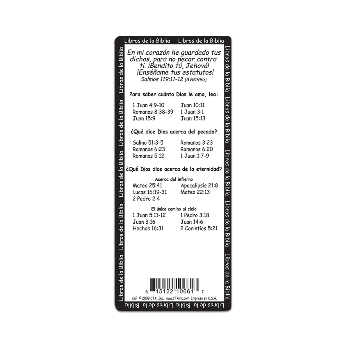 A black rectangular religious card or booklet cover with Spanish text, printed scripture references, a barcode, and a small white logo near the bottom center, shown against a plain white background by CTA Christ to All and CTA Publishing.