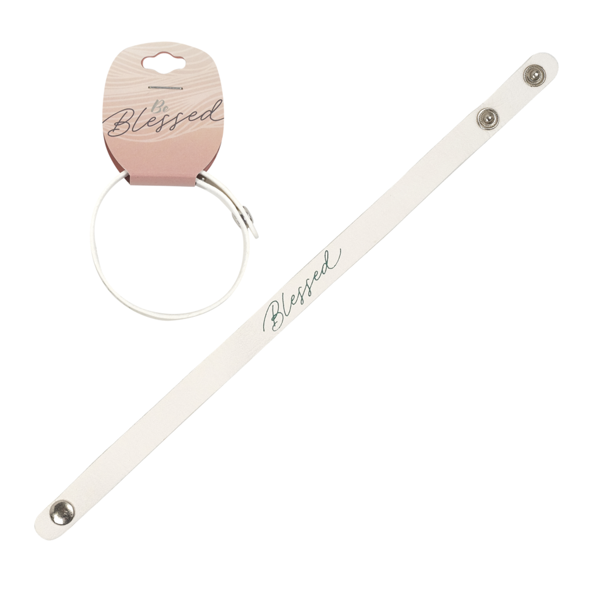 White leather bracelet with 'Blessed' engraving on a white background by CTA Christ to All & CTA Gifts.