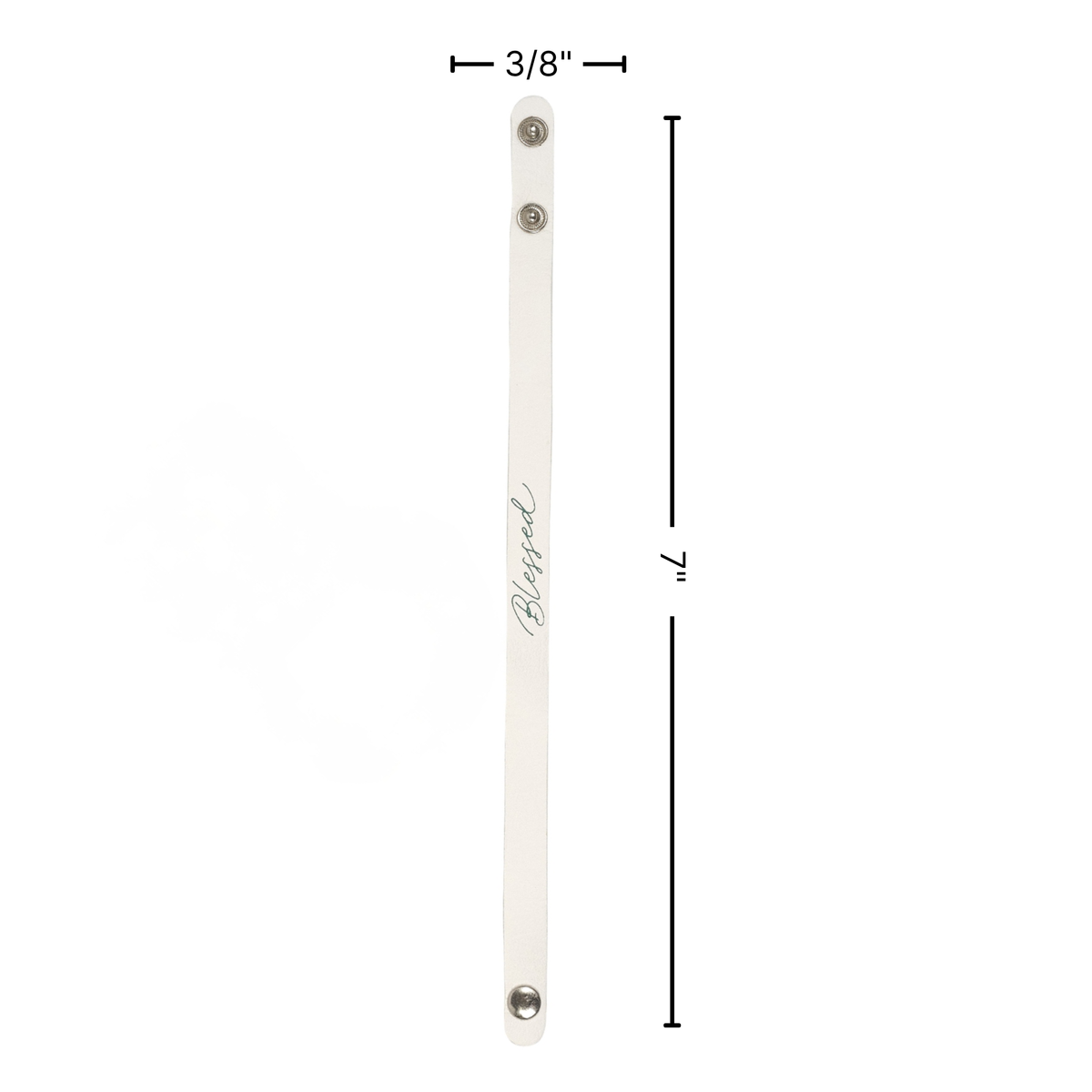 White leather bracelet with 'Blessed' engraving and measurements on a white background by CTA Christ to All and CTA Gifts.