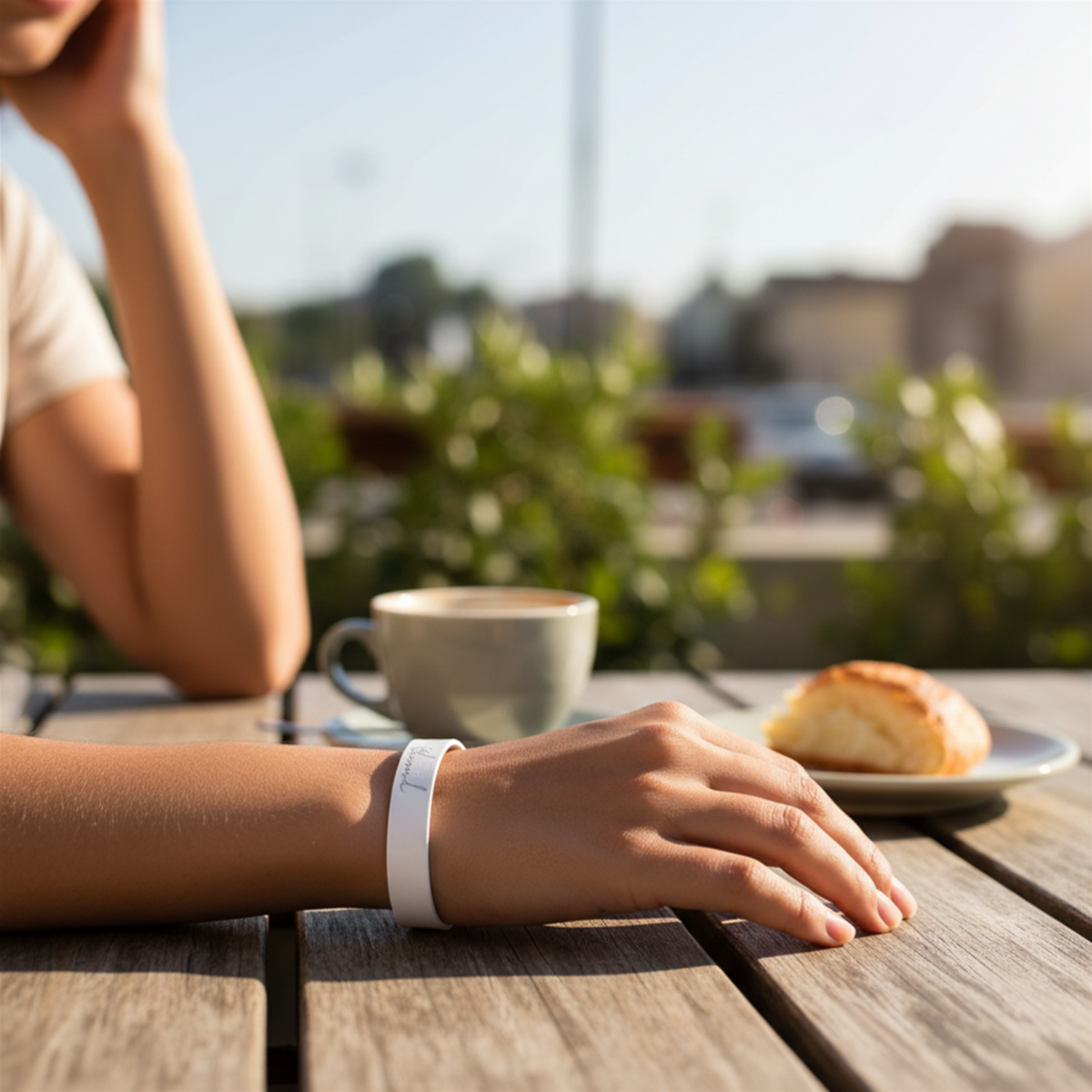 Person sitting at a table with a cup of coffee and pastry, blurred outdoor background by CTA Christ to All & CTA Gifts.