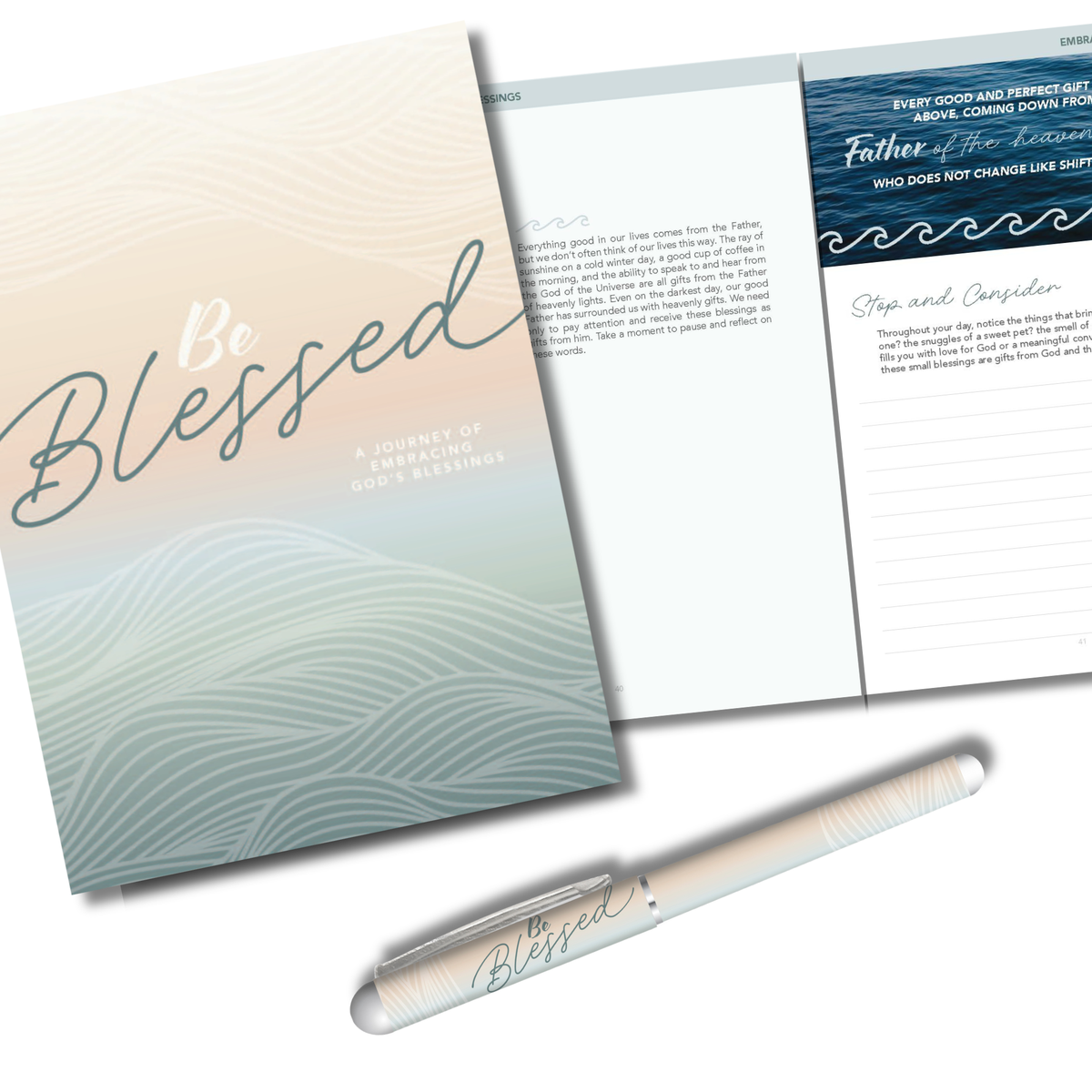 A three-piece spiritual journal set featuring a 'Be Blessed' journal with a beige-to-teal gradient and wave pattern, an open inner booklet with inspirational text, and a matching metallic cream pen with 'Blessed' written on it by CTA Christ to All & CTA Gifts.
