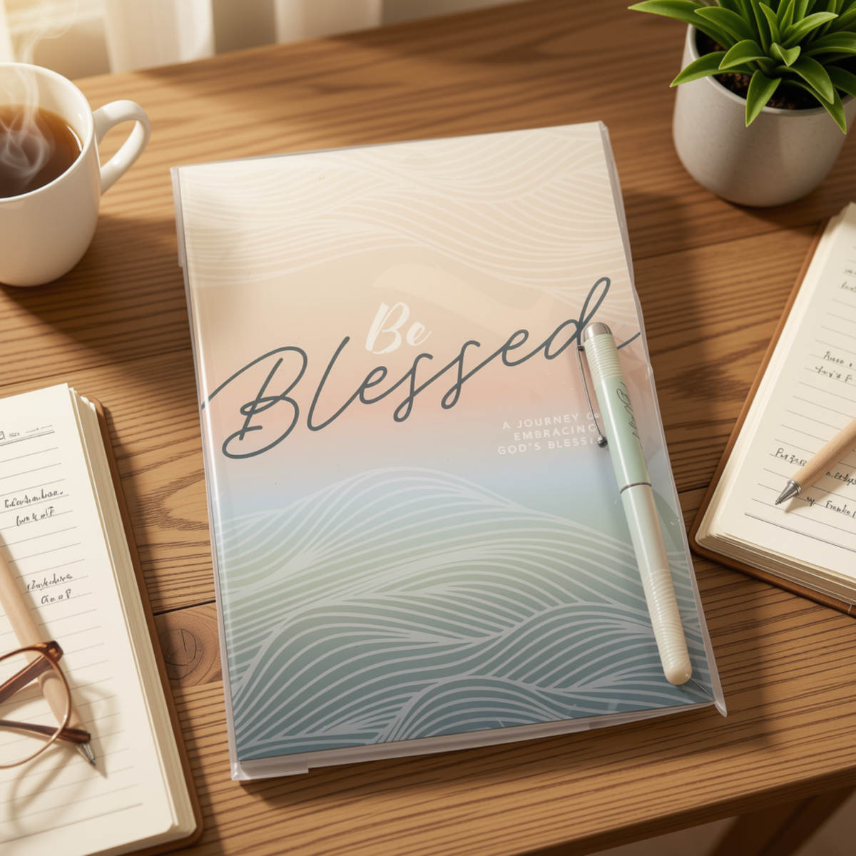 A clear plastic file folder with a printed cover reading 'Be Blessed' and a wave-like gradient design in soft blue, gray, and cream tones, styled on a wooden desk with a pen resting on top, alongside notebooks, a cup of coffee, and a small potted plant by CTA Christ to All & CTA Gifts.
