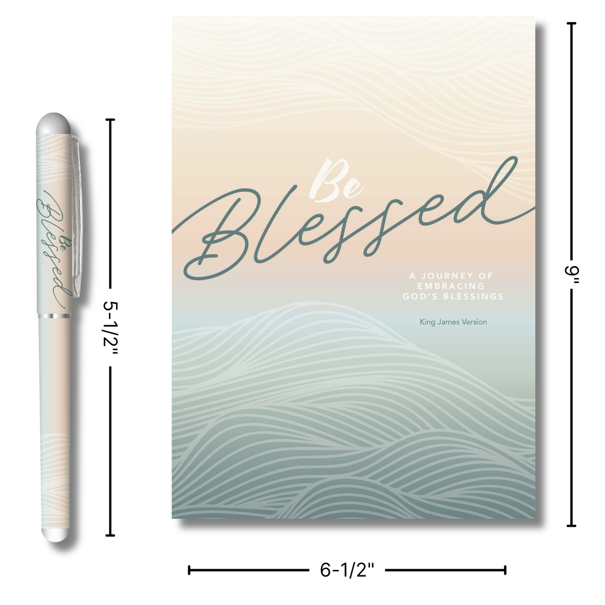 A product listing showing a journal and matching pen with dimension labels. The journal is tall and narrow with a soft gradient cover reading “Be Blessed” and wave-like line art, and the pen beside it has a matching cream body and silver clip by CTA Christ to All and CTA Gifts.