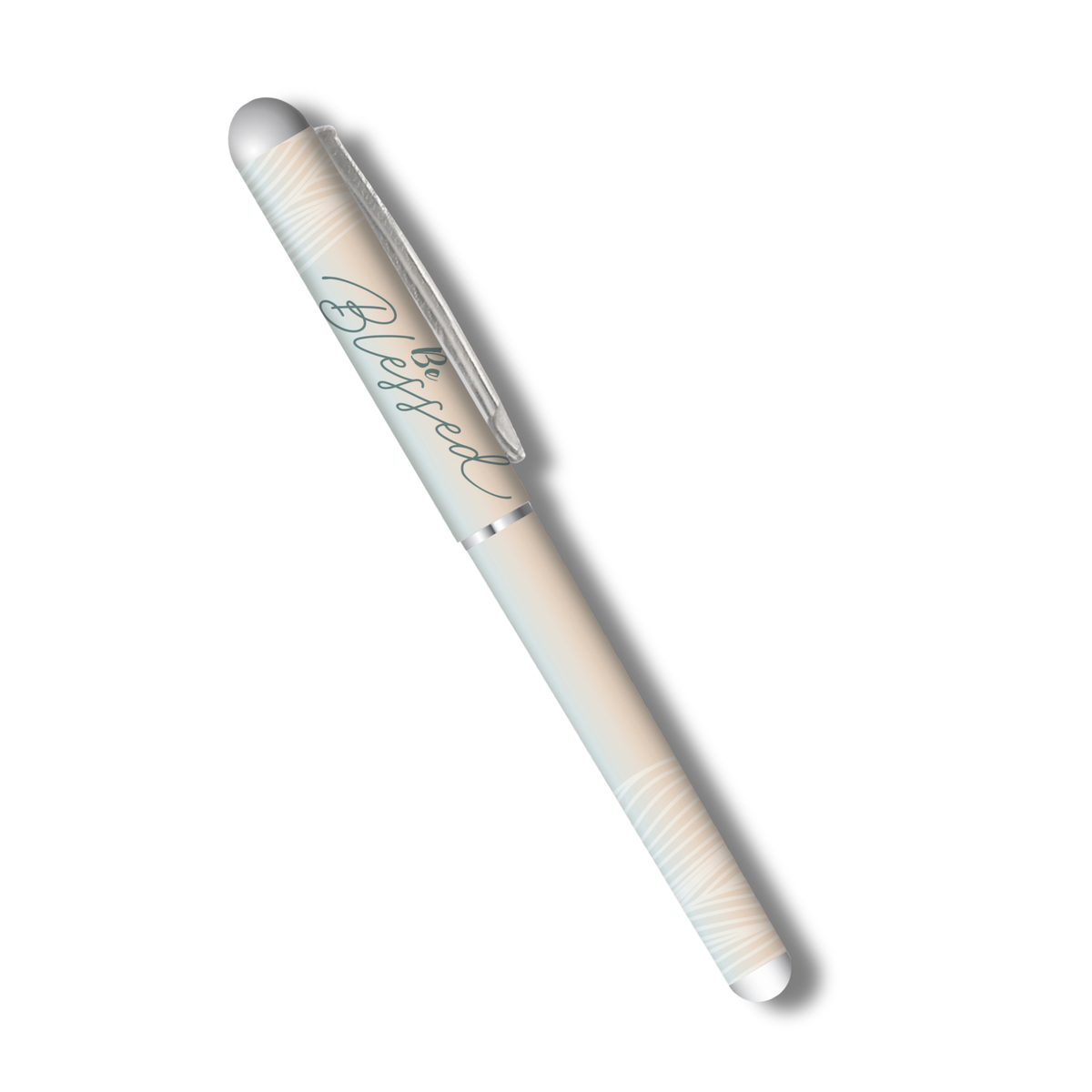 A white and silver ballpoint pen with a clear cap, featuring the word 'Blessed' written in elegant cursive script on the barrel, set against a plain white background with a soft drop shadow by CTA Christ to All and CTA Gifts.