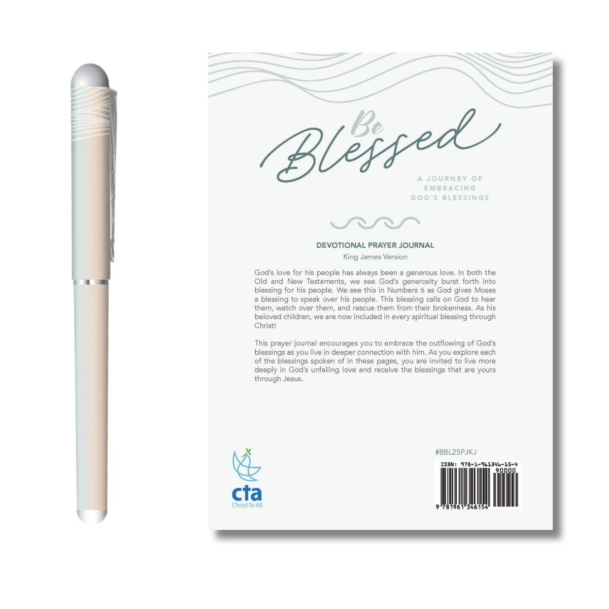 A devotional prayer journal shown with its white pen on the left and the back cover of the journal on the right, photographed on a clean white background by CTA Christ to All and CTA Gifts.