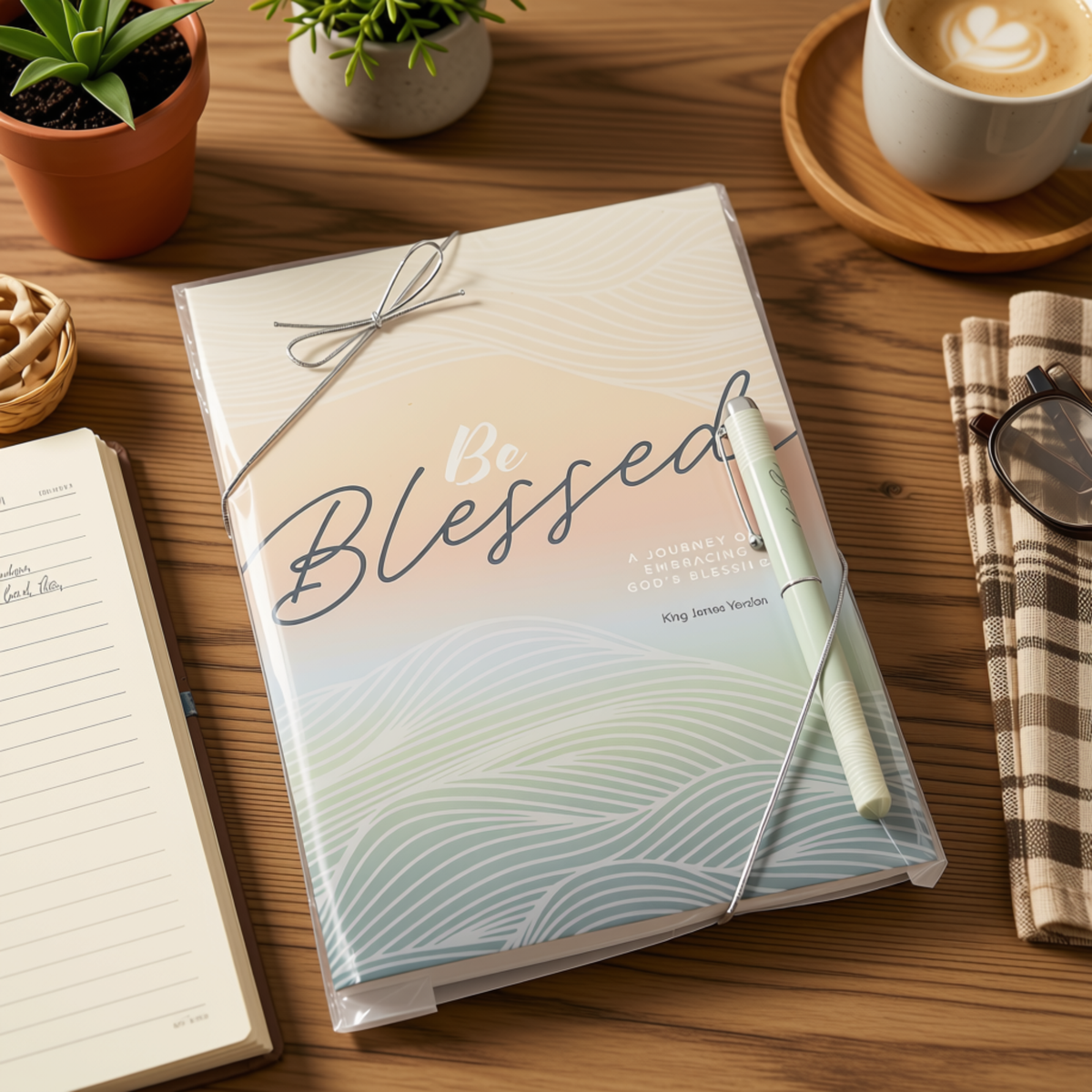 A journal cover wrapped in clear plastic with a silver elastic band and string, placed on a wooden desk with a coffee cup, plants, glasses, and an open notebook nearby. The cover reads “Be Blessed” with a soft pastel wave design by CTA Christ to All and CTA Gifts.