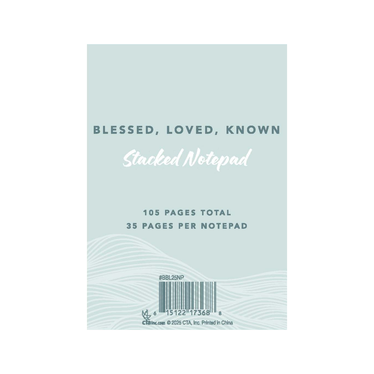 A stack of notepads with a pale blue cover and white text reading 'BLESSED, LOVED, KNOWN' and 'Stacked Notepad.' Additional text says 105 pages total and 35 pages per notepad by CTA Christ to All and CTA Gifts.