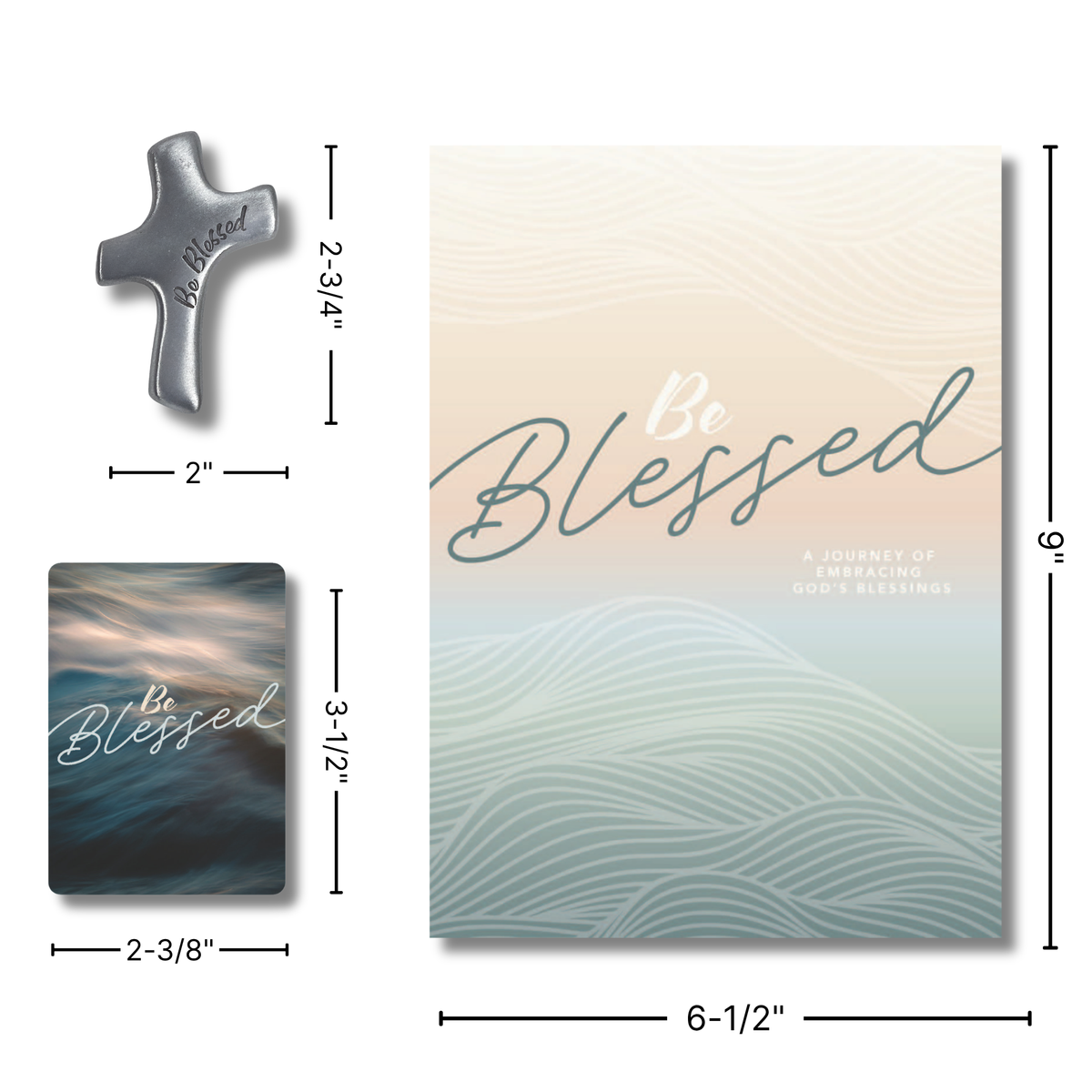 Three dimensional product views of a 'Be Blessed' journal and cross set with dimension lines and labels on a white background by CTA Christ to All and CTA Gifts.