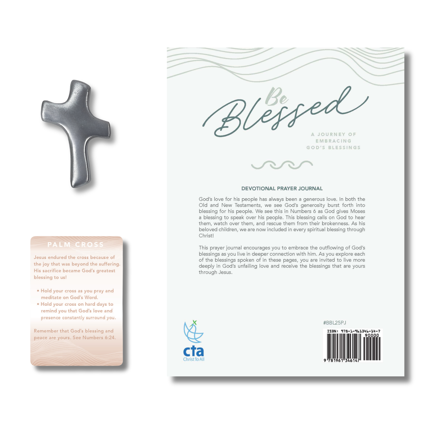 WRAPPED & READY® Large Format Devotional Journal + 3" Pewter-Finish Palm Cross Gift Set - Be Blessed