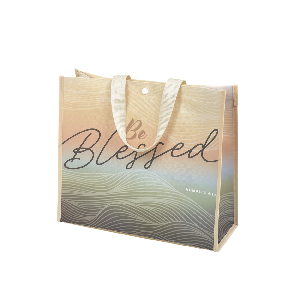 A reusable tote bag with cream-colored fabric handles, featuring a printed design of wavy lines in beige, gold, blue, and gray, with the words 'Be Blessed' written across the front by CTA Christ to All and CTA Gifts.