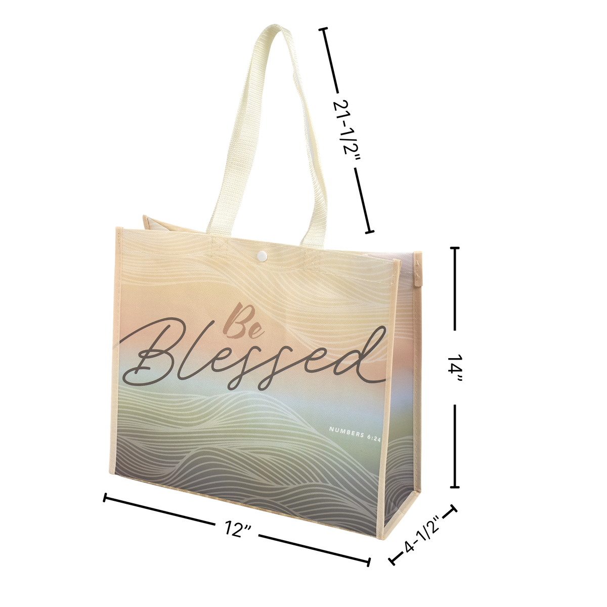 A reusable tote bag with printed text reading 'Be Blessed' and small 'BLOOMERS OF CA' on the front, shown with dimension callouts indicating 12 inches wide, 14 inches tall, and handles measuring 21-1/2 inches by CTA Christ to All and CTA Gifts.
