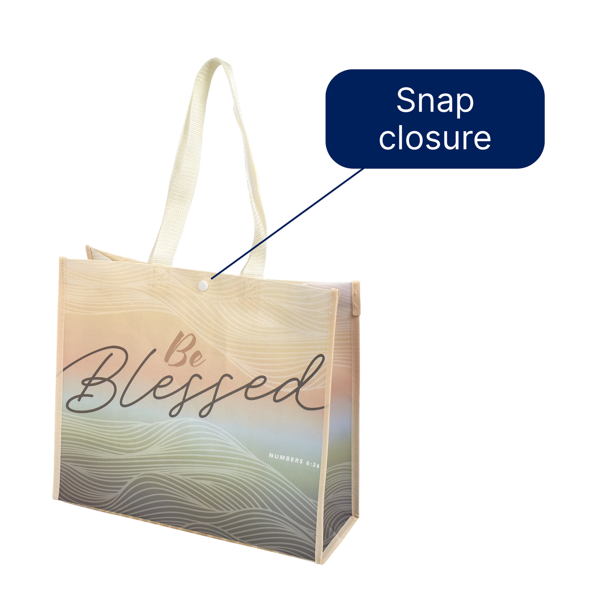 A reusable tote bag with cream handles and a printed design featuring the words 'Be Blessed' over a soft gradient background. A dark blue callout box labeled 'Snap closure' points to a snap button near the top of the bag by CTA Christ to All and CTA Gifts.