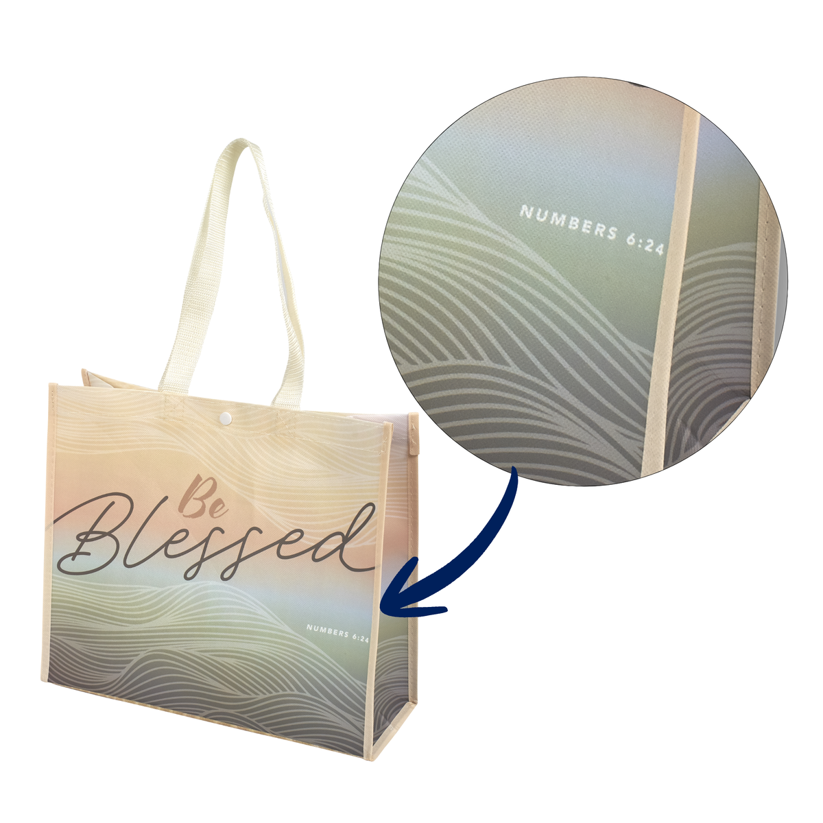 A reusable tote bag with cream handles and a printed design featuring the words 'Be Blessed' and a wavy line pattern in beige, gray, and pale green tones. A circular inset shows a close-up of the pattern with 'NUMBERS 6:24' printed on it, and a blue arrow points from the inset to the bag by CTA Christ to All and CTA Gifts.