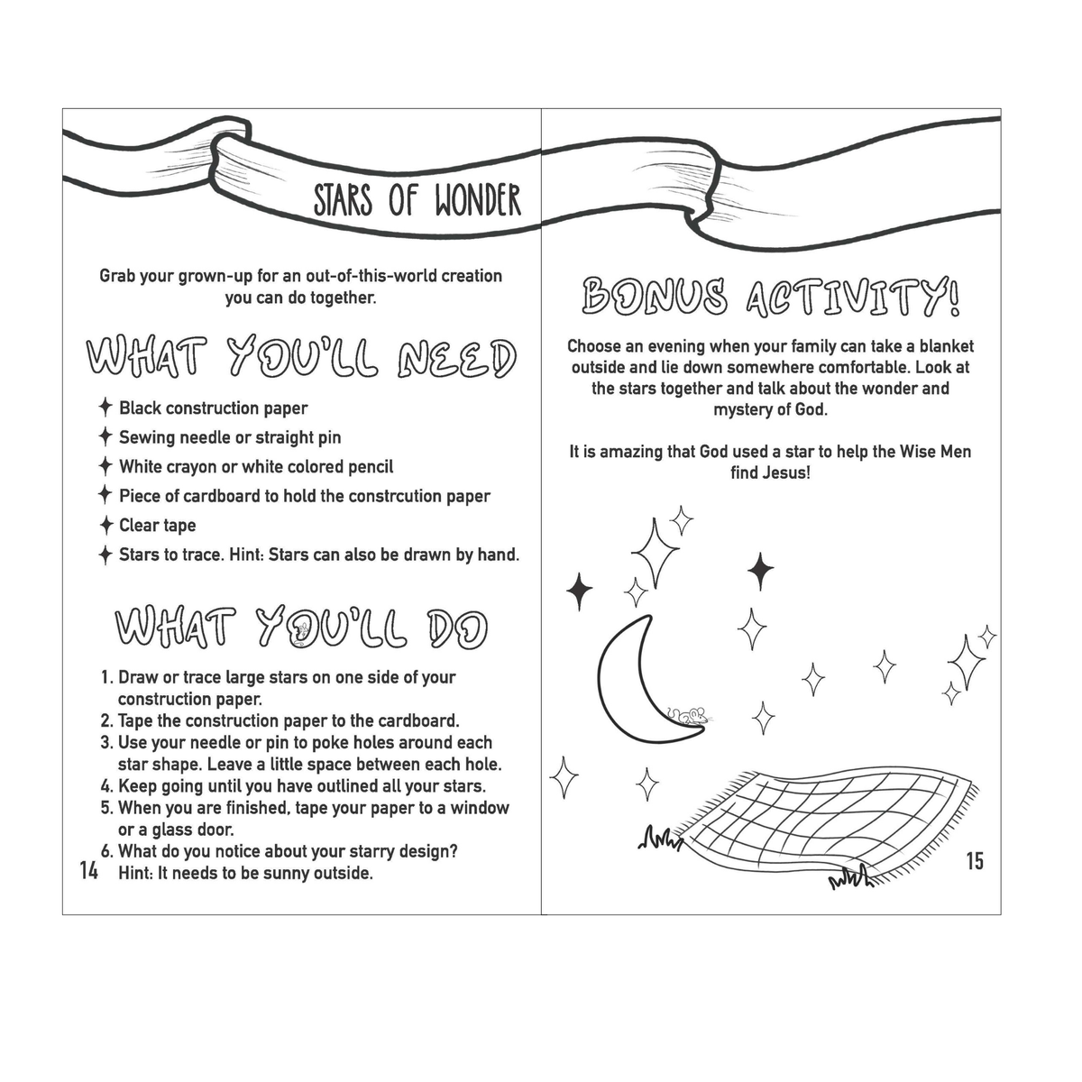 A printed activity sheet titled 'Stars of Wonder' with instructions, a bonus activity, and celestial illustrations including stars, a crescent moon, and clouds on a white background by CTA Christ to All & CTAKids.