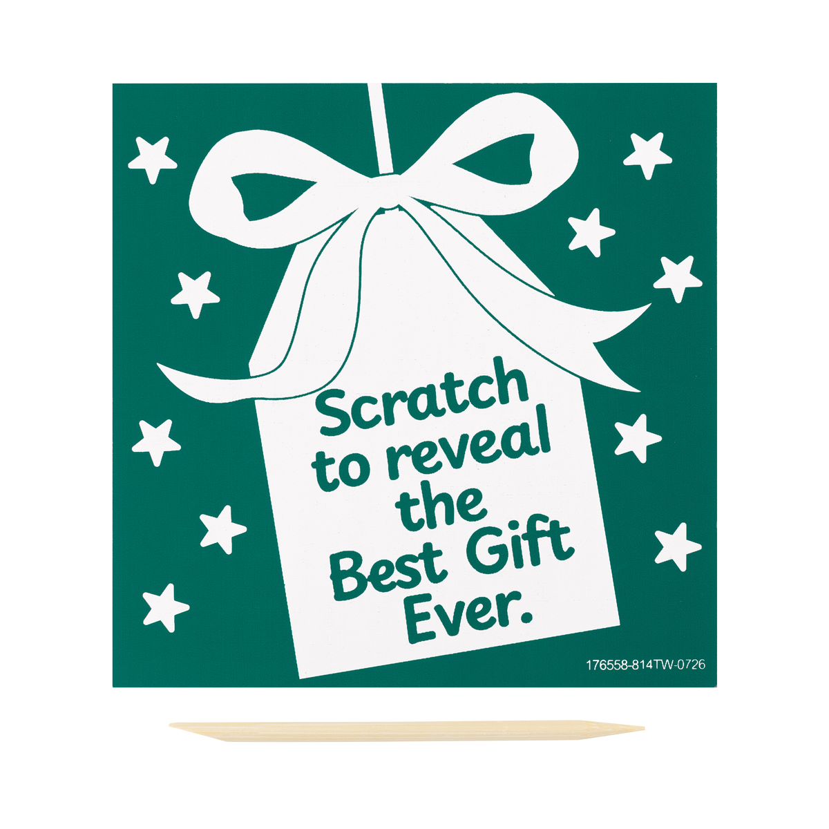 A square green gift tag scratch card with a white bow and stars, reading 'Scratch to reveal the Best Gift Ever.' A small wooden stick is shown below it on a white background by CTA Christ to All and CTAKids.