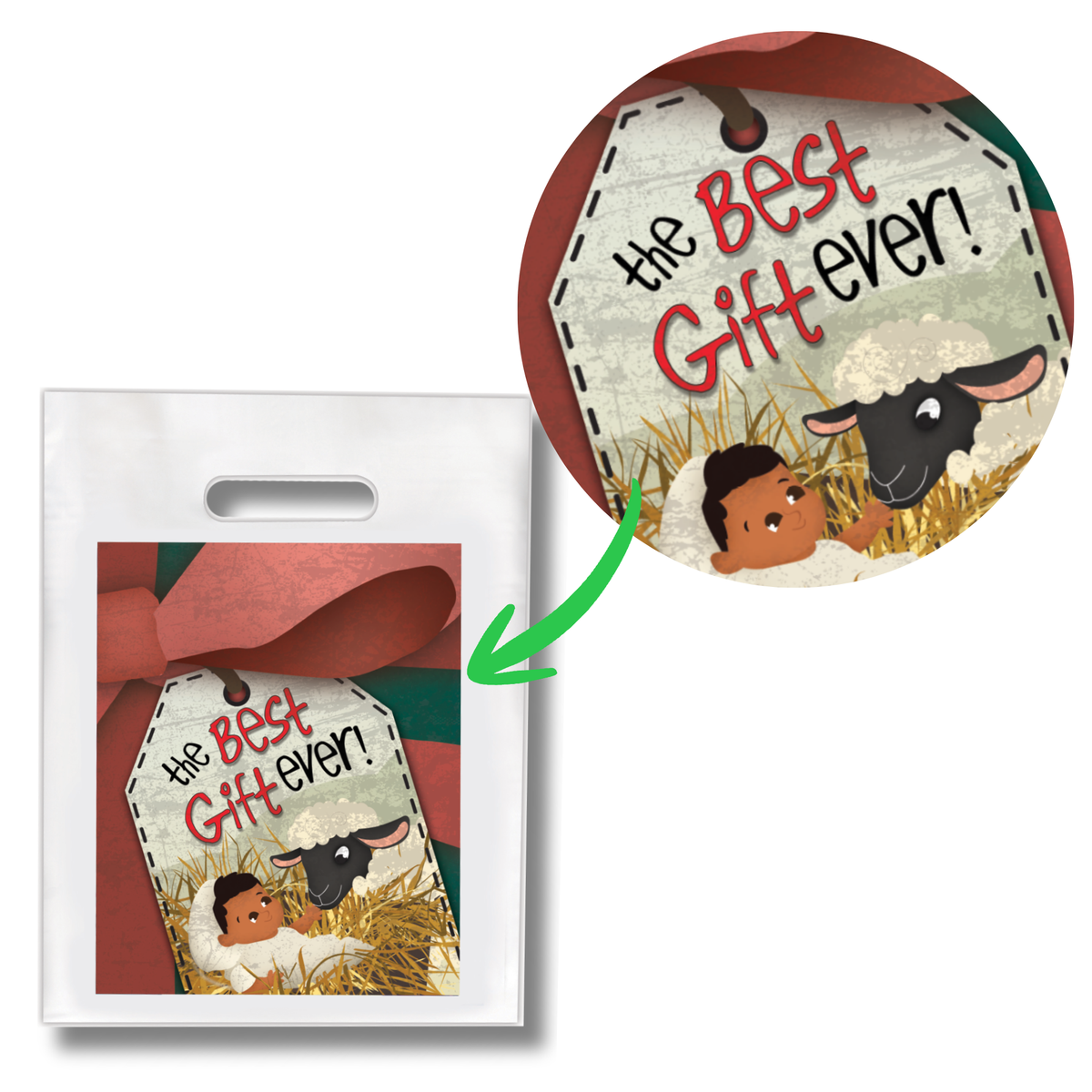 A white gift bag with a printed hanging tag that reads “the Best Gift ever!” and shows a baby and a black sheep in a barn scene. A circular inset shows the tag design close-up, and a green arrow points from the close-up to the bag by CTA Christ to All & CTAKids.