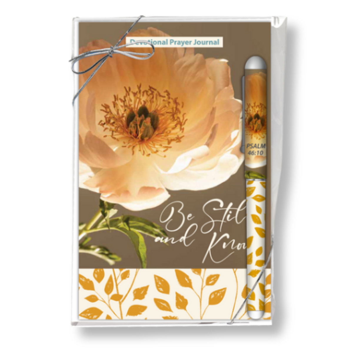 A boxed devotional prayer journal set featuring a large peach flower illustration, the words 'Be Still and Know,' and a matching pen with a gold leaf pattern. The set is photographed on a clean white background by CTA Christ to All & CTA Gifts.