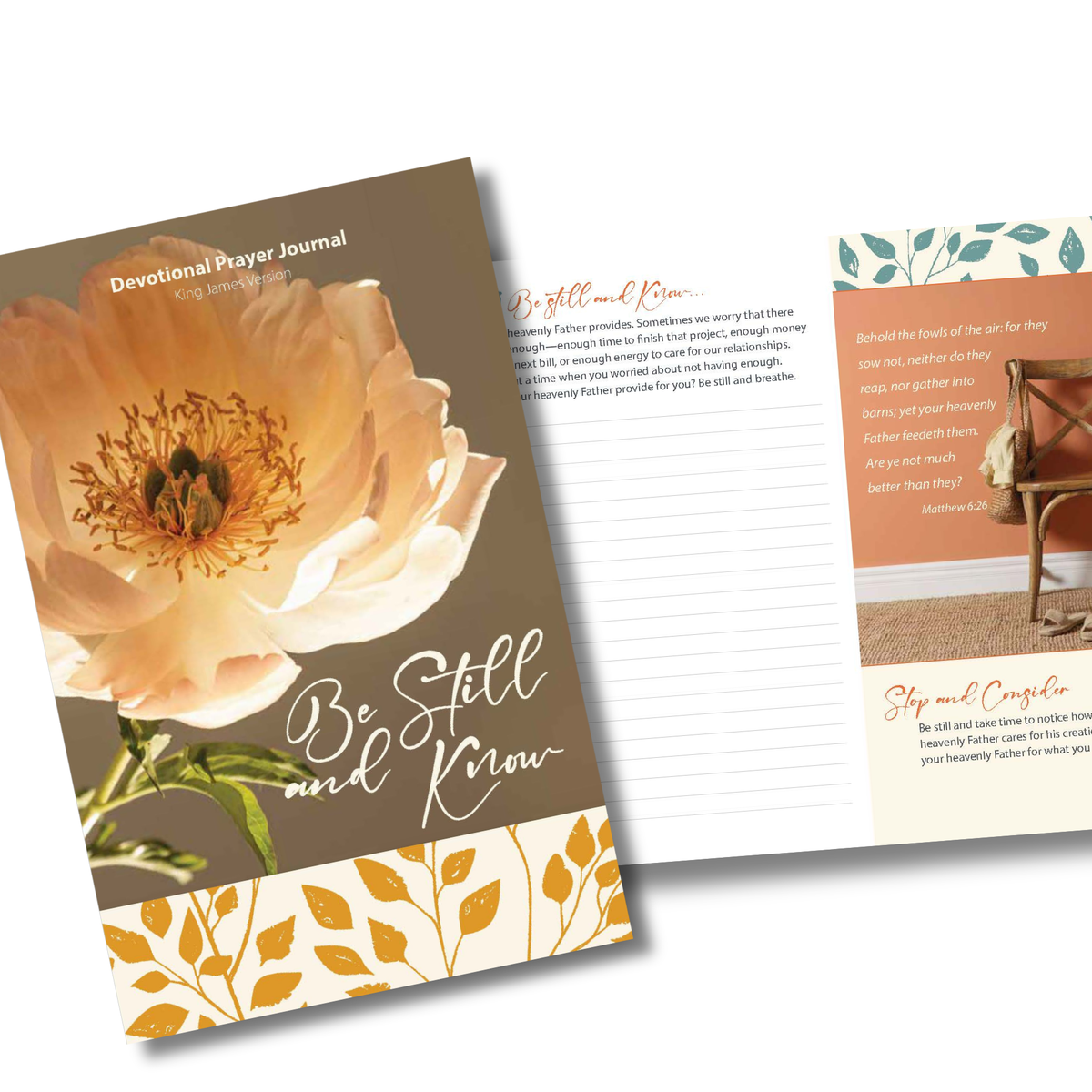 Devotional prayer journal with floral design and open pages on a white background by CTA Christ to All & CTA Publishing.