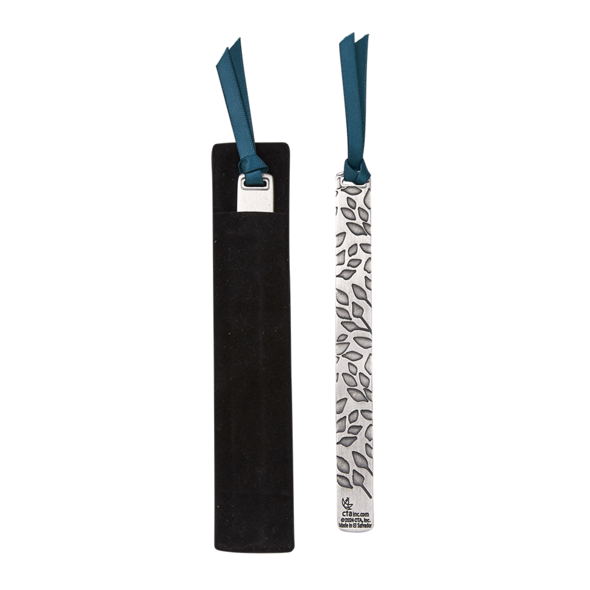 A black leather bookmark holder shown closed next to an open view of the same bookmark with a white sleeve printed with a gray leaf pattern and a teal ribbon loop by CTA Christ to All and CTA Publishing.
