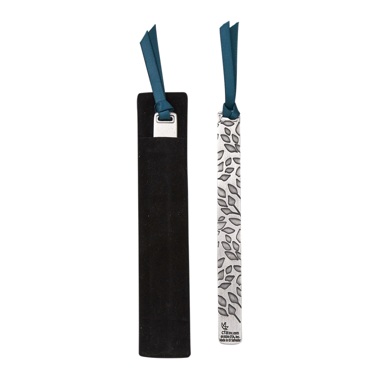 Pewter-Finish Bookmark with Ribbon in Velvet Sleeve - KJV - Be Still & Know