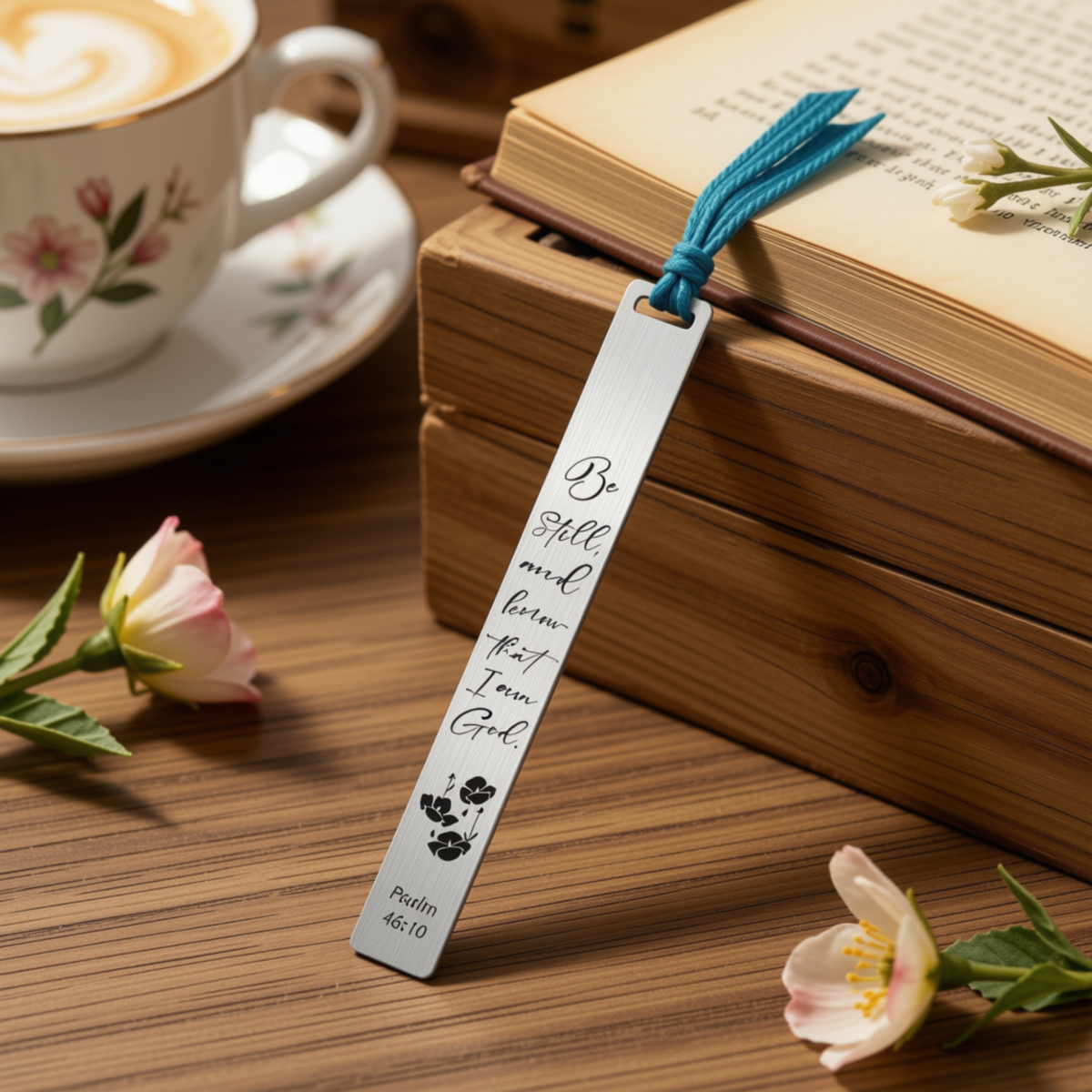 A silver metal bookmark with a blue cord tassel lies on a wooden table beside an open book, a floral teacup, and small pink flowers. The bookmark is engraved with the quote 'Be Still and know that I am God Psalm 46:10' by CTA Christ to All and CTA Publishing.