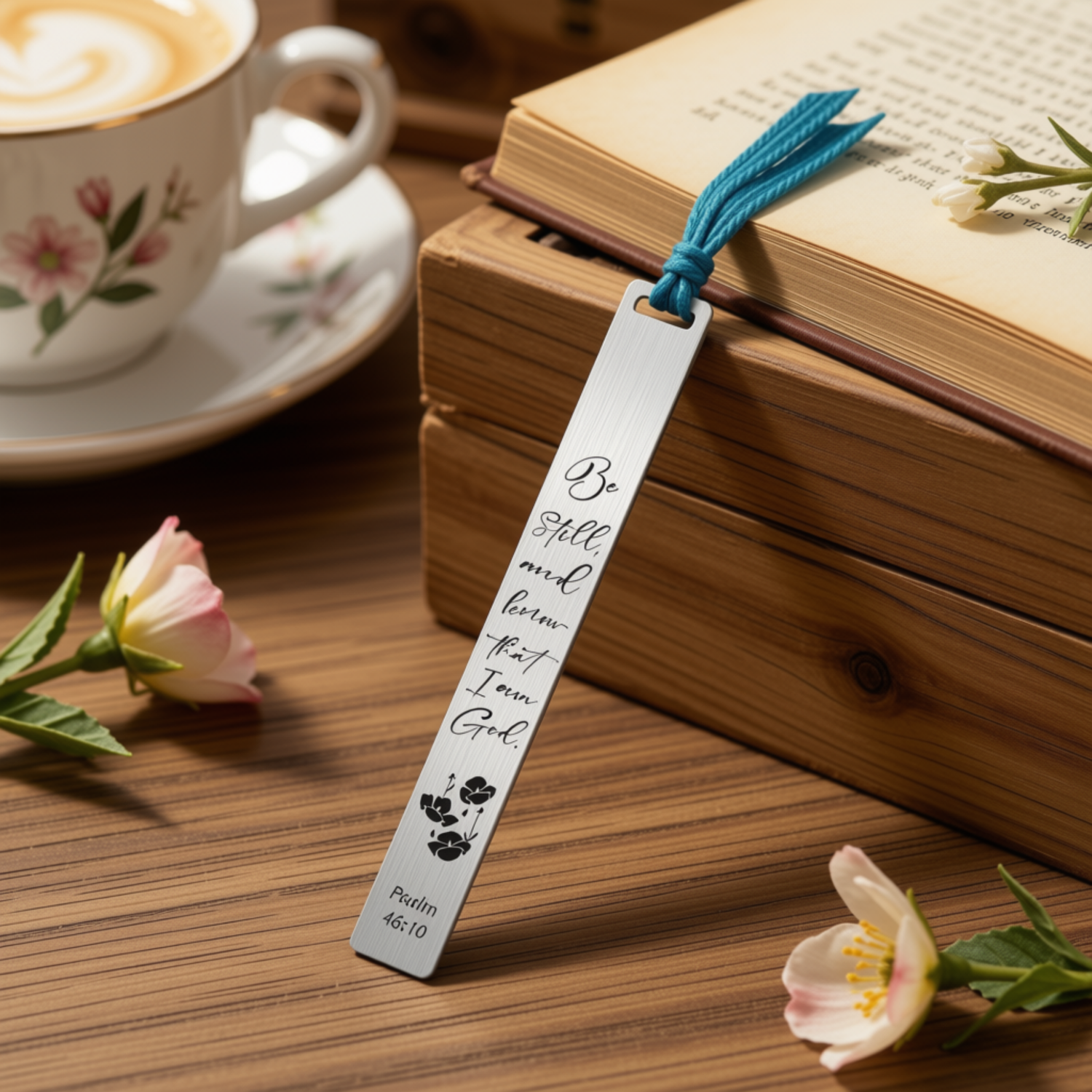 Pewter-Finish Bookmark with Ribbon in Velvet Sleeve - KJV - Be Still & Know