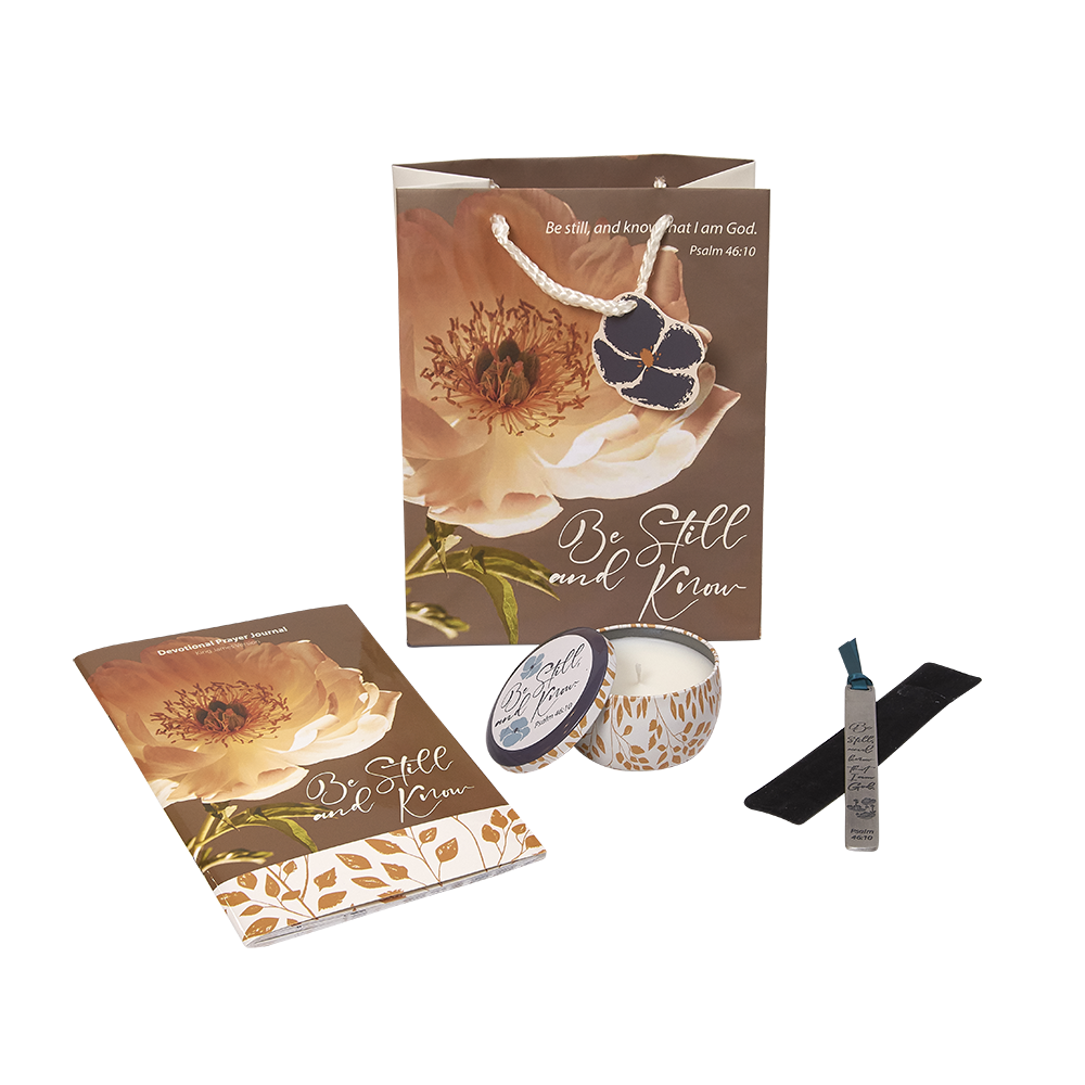 Be Still and Know gift Set with Candle, Prayer Journal, Ribbon Bookmark & Gift Bag