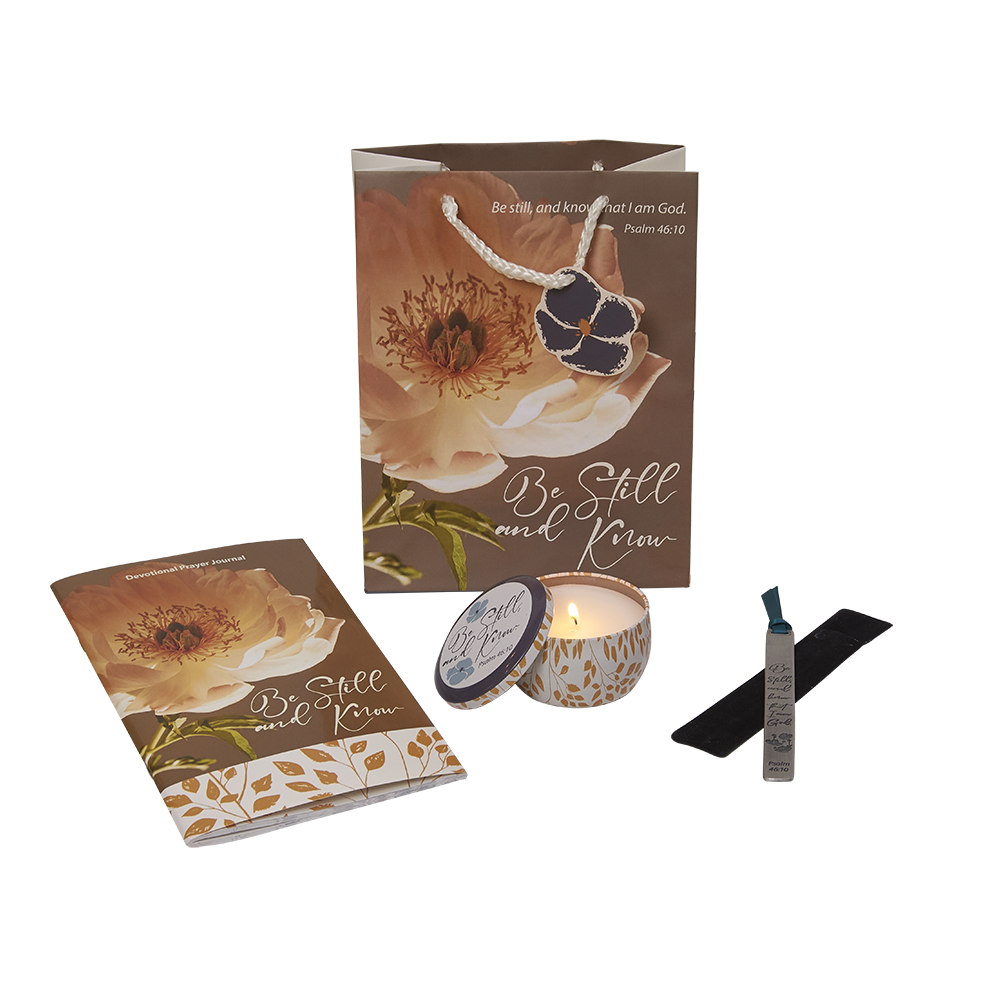 Be Still and Know Gift Set with ribbon bookmark, prayer journal, gift bag & lit candle