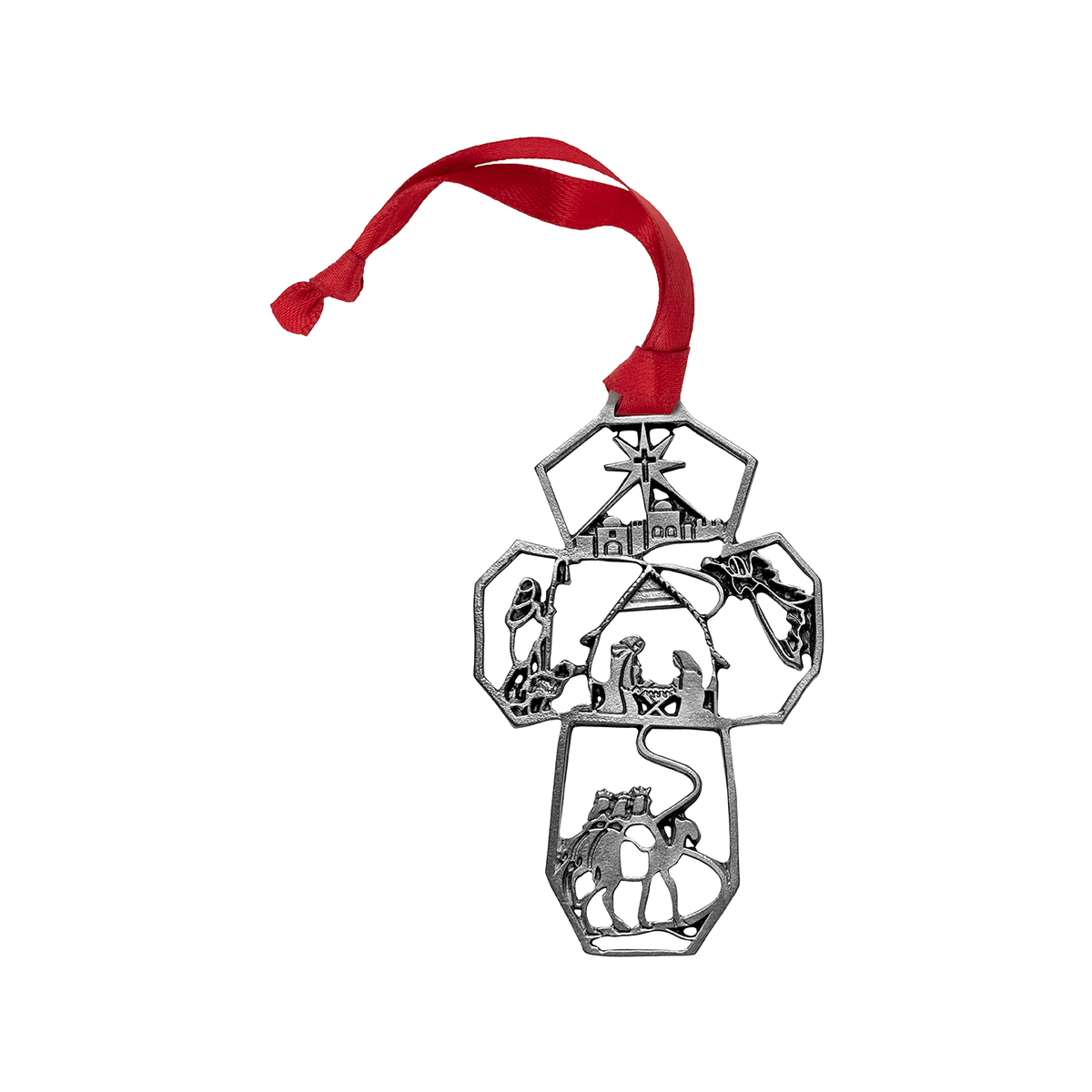 Ornaments of Faith® - KJV - Christmas Story Cross. A silver-toned metal Christmas ornament shaped like a cross with cutout nativity scenes, hanging from a red ribbon on a white background.