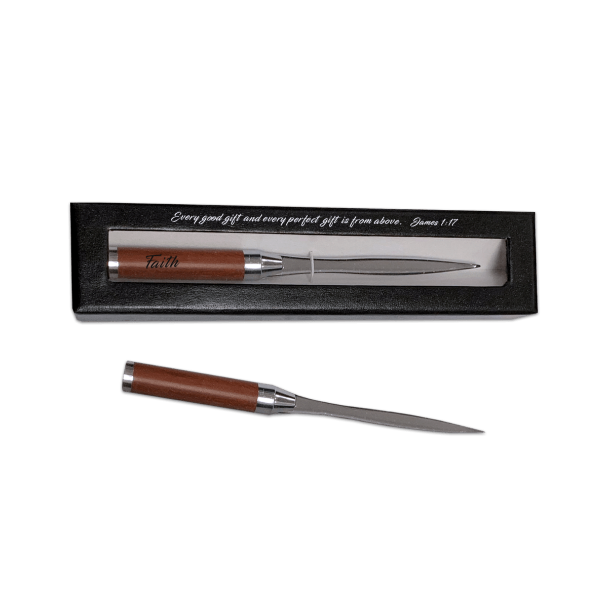 Rosewood Handle Letter Opener in Gift Box - KJV - Faith James 1:17