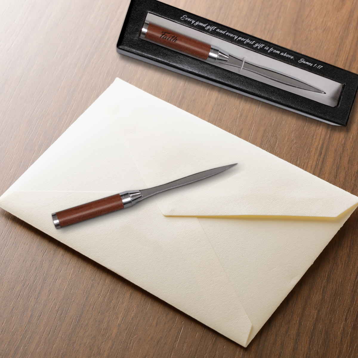 Rosewood Handle Letter Opener in Gift Box - KJV - Faith James 1:17