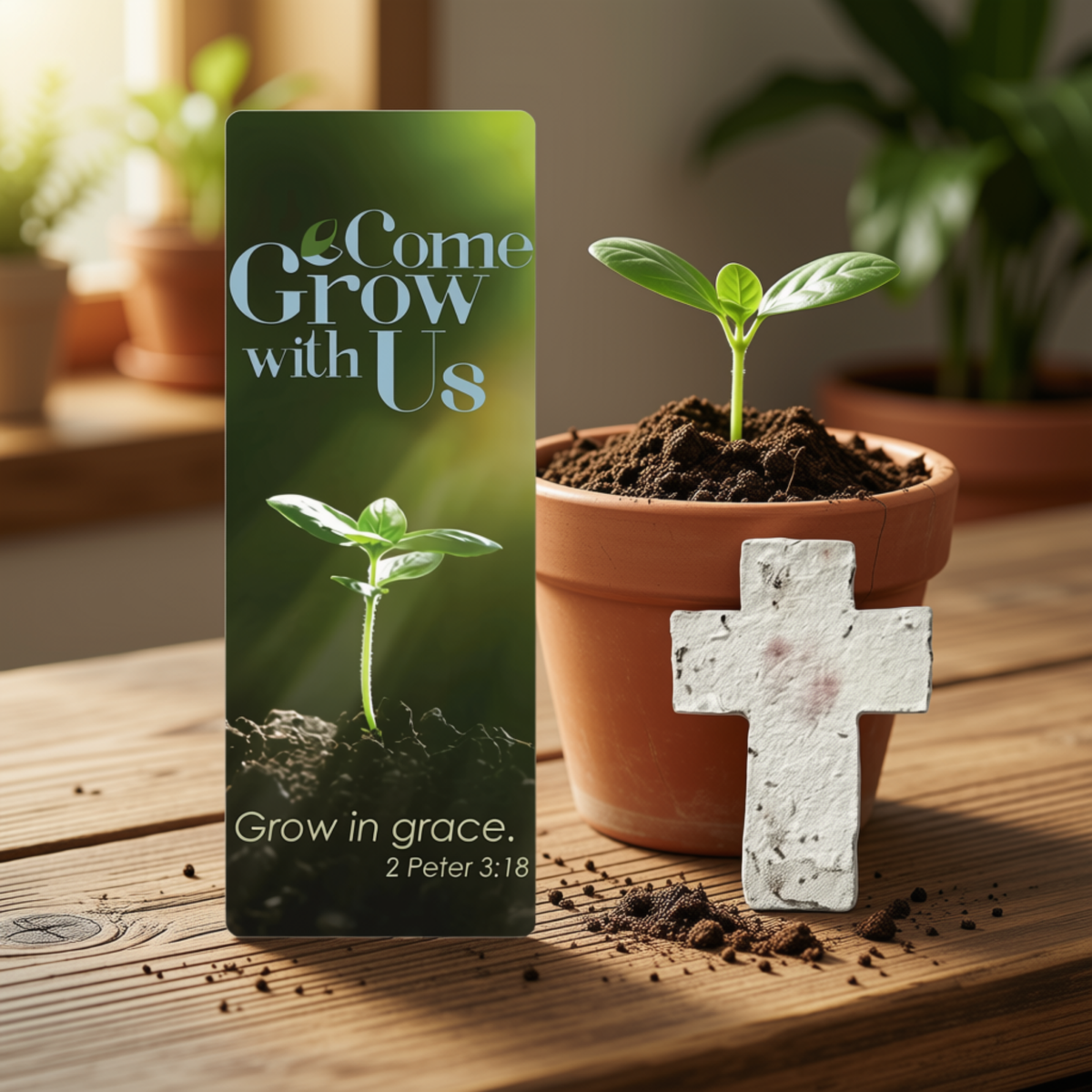 A vertical rectangular card or print with the phrase 'Come Grow with Us' and 'Grow in grace. 2 Peter 3:18' stands beside a small potted sprout in a terracotta pot and a white cross on a wooden surface.