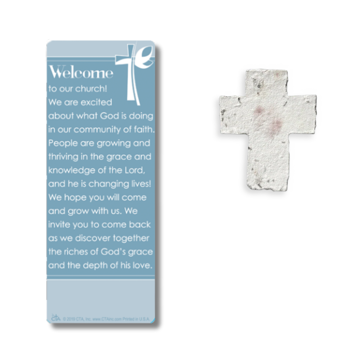 A church welcome sign with a light blue background and white text, shown next to a small white textured cross on a plain white background.
